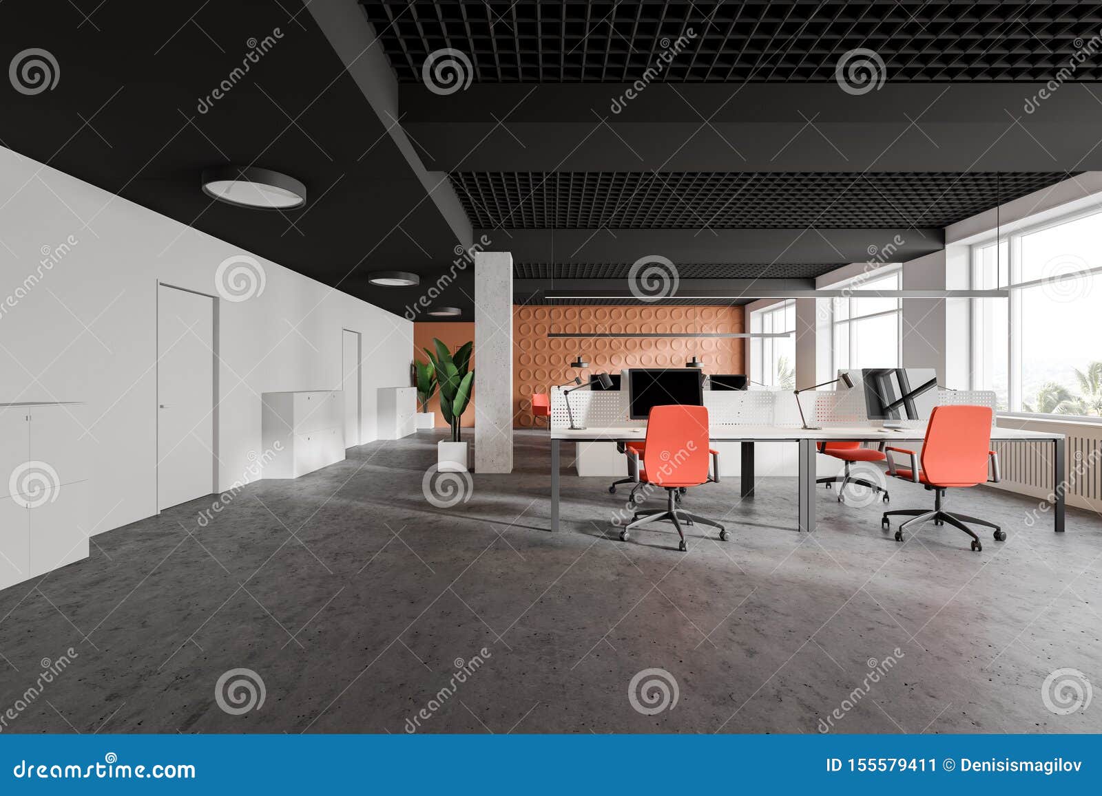 Orange And White Office Interior With Doors Stock