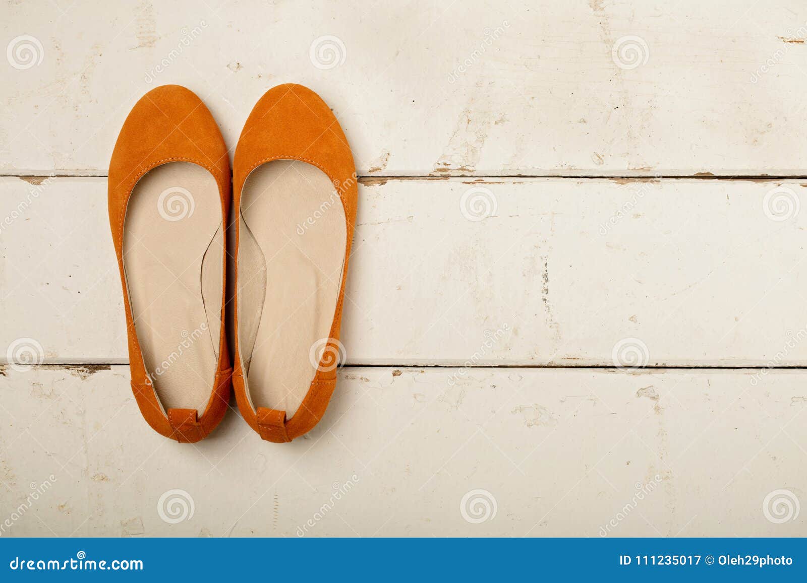 Orange Women`s Shoes Ballerinas on Wooden Background. Stock Image ...
