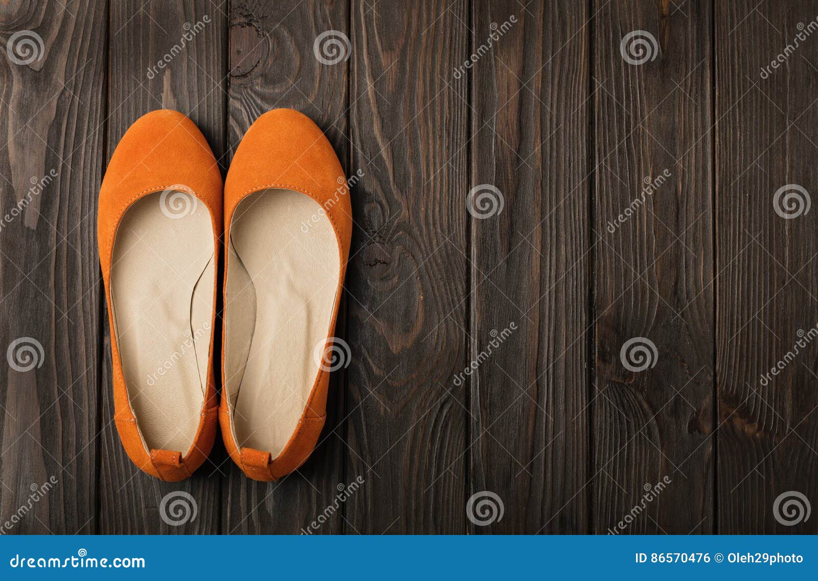 Orange Women`s Shoes Ballerinas on Wooden Background. Stock Photo ...