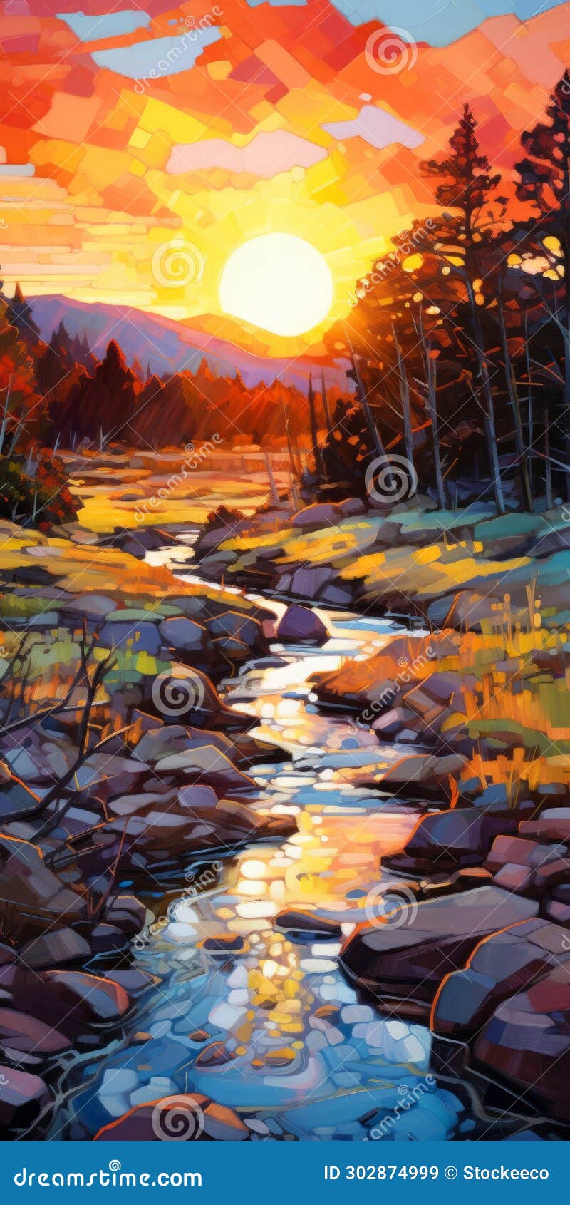 vibrant stream in hyper-detailed style: a fusion of steve henderson and erin hanson