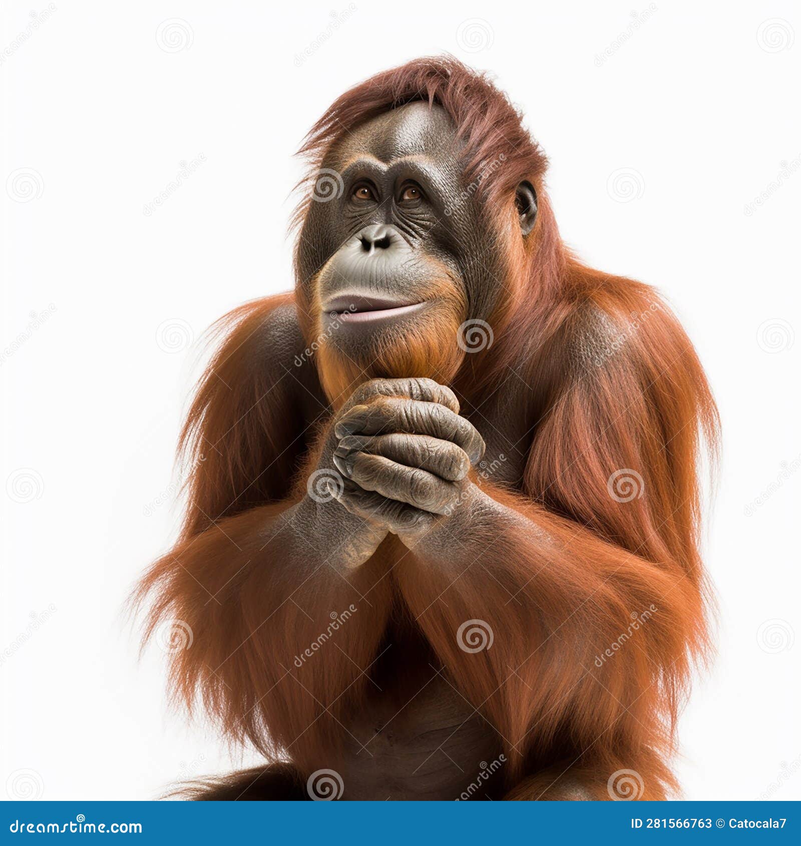 the orangutan claps his hands, folded his hands in front of him, applauds, bravo, satisfied, close-up