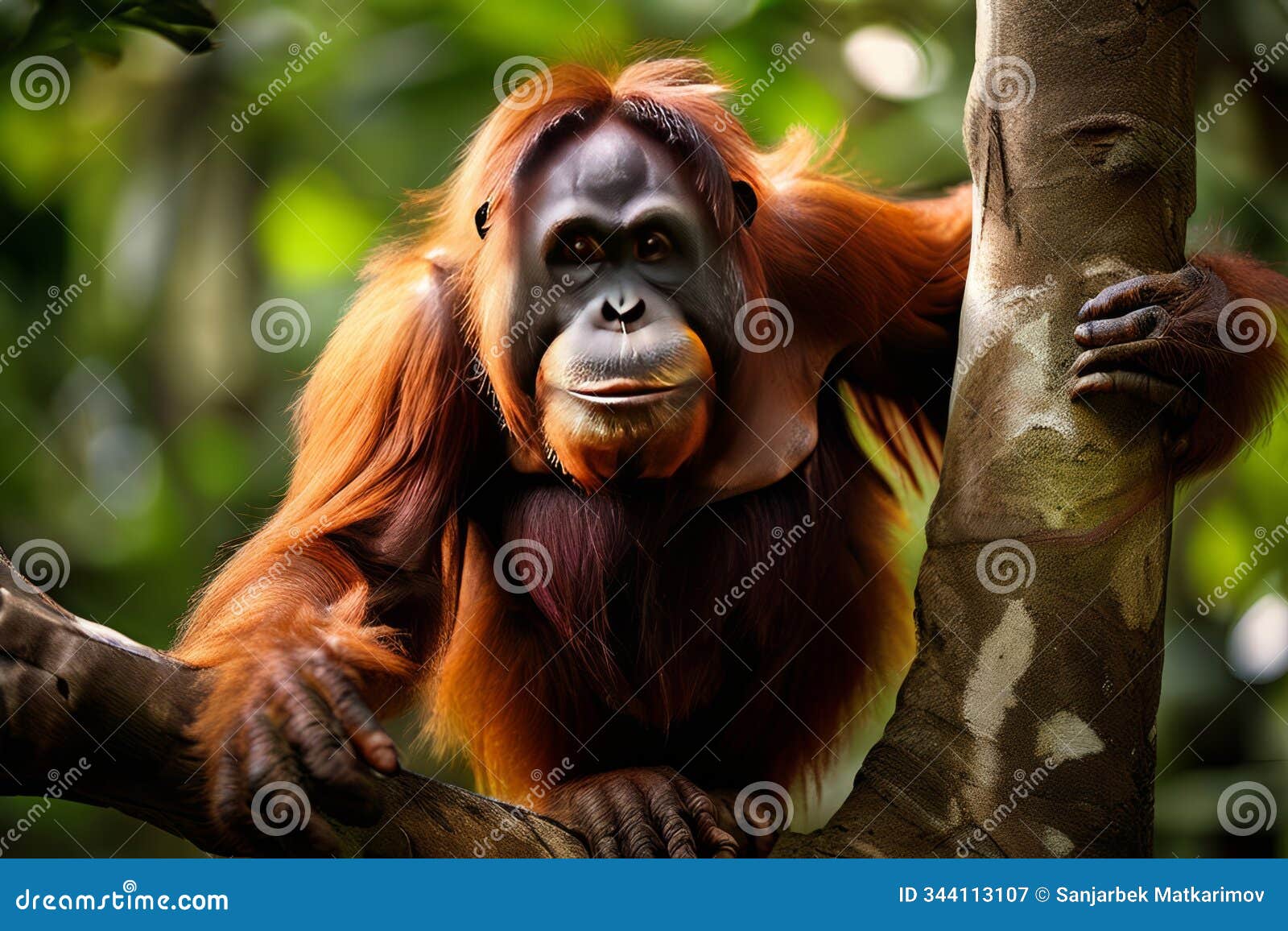 orangutan climbing a tree an orangutan climbing a tall tree its