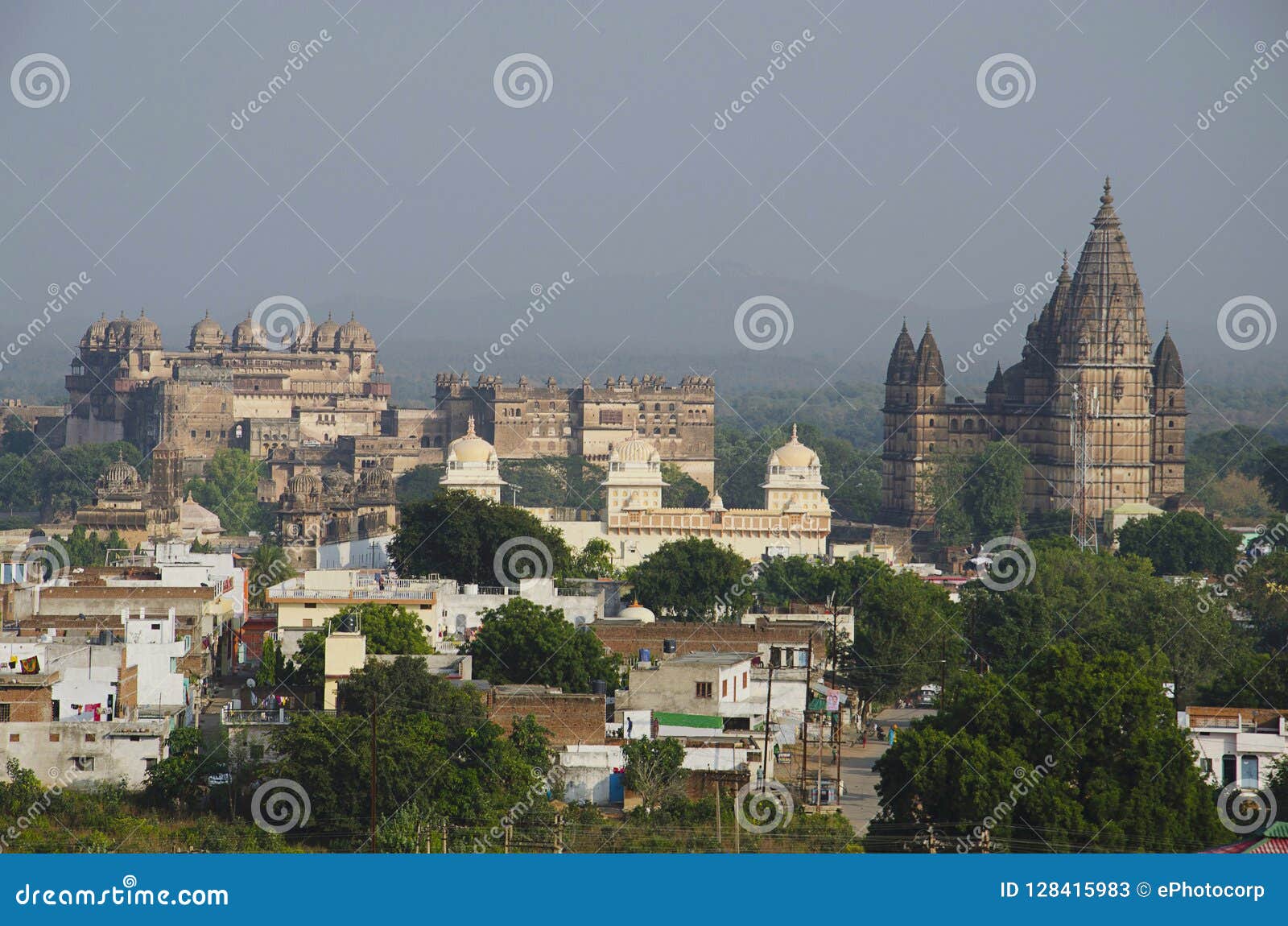 orccha monuments. from the left orchha palace, ram raja temple and chaturbhuj temple. orchha, madhya pradesh.