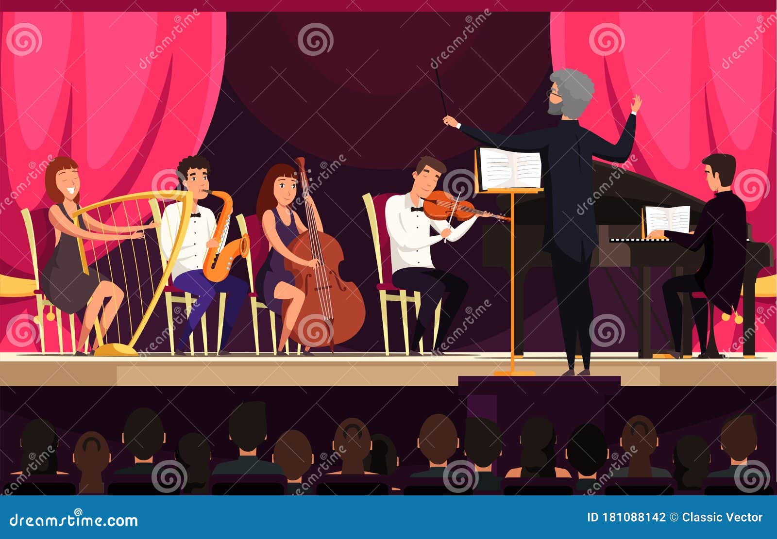 Orchestra Performance on Stage Vector Illustration Stock Vector
