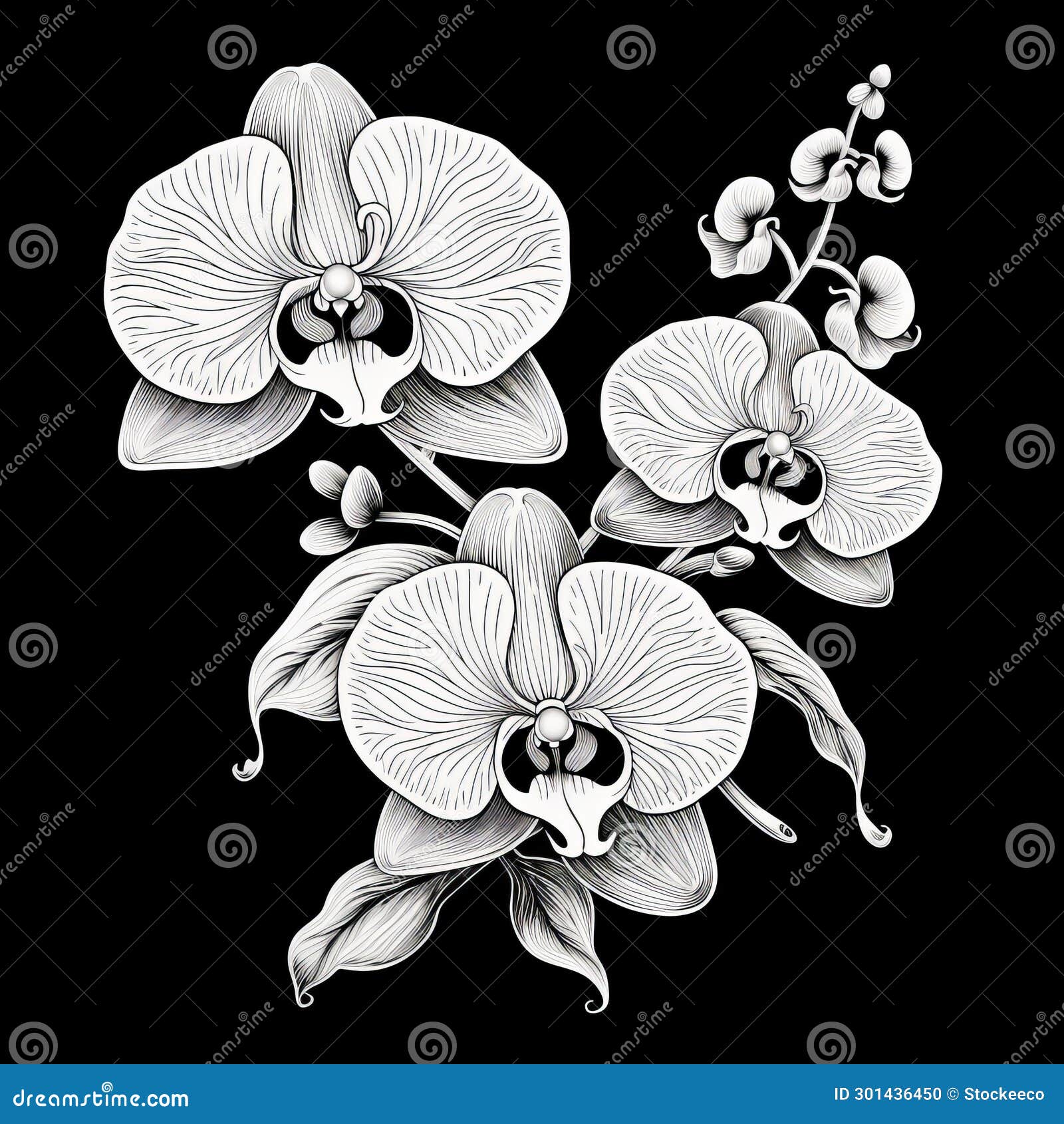 hand drawn white orchids  with surrealistic s