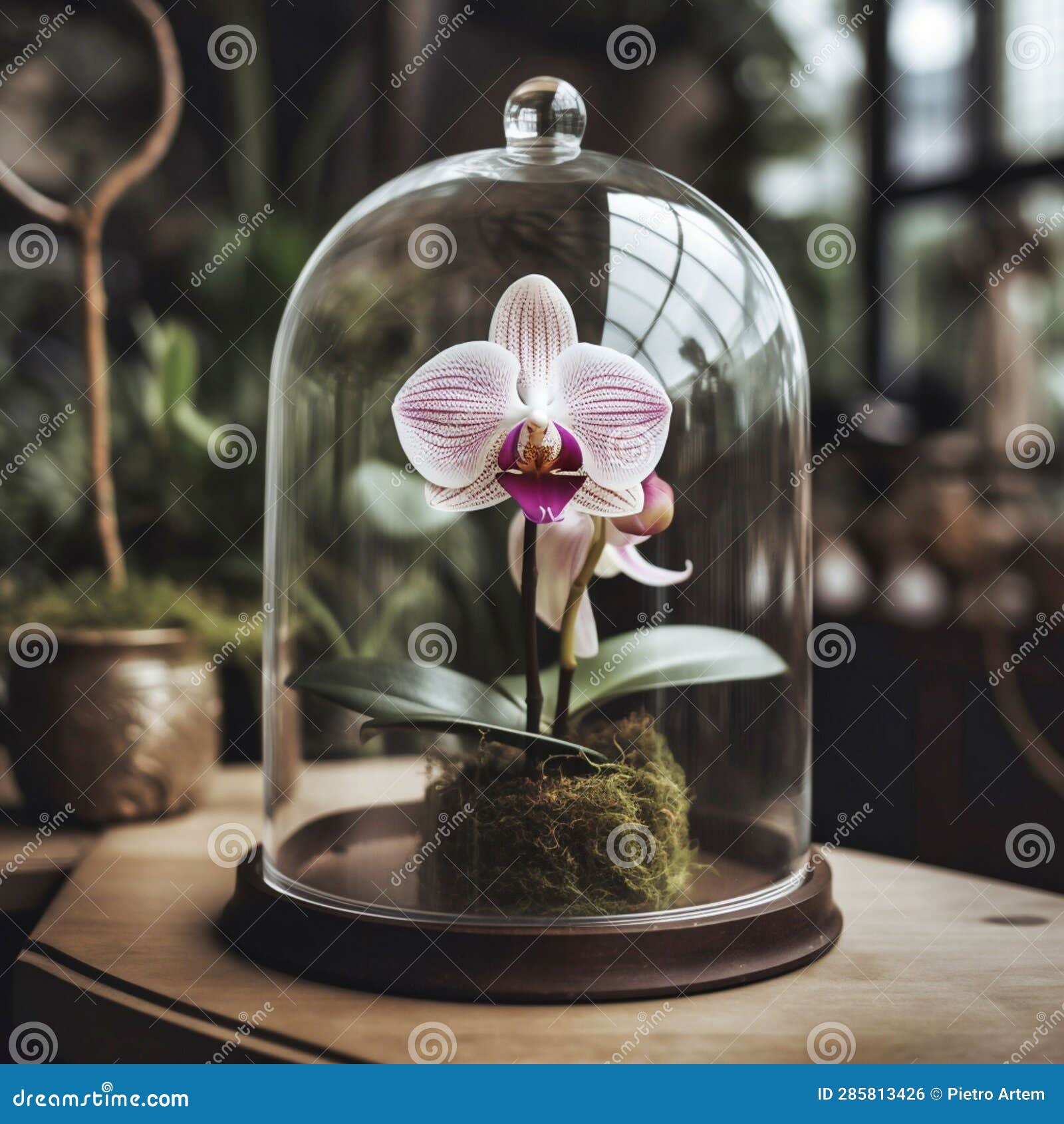 An Orchid Flower Under a Glass Dome, Generative AI Stock Illustration Illustration of flat
