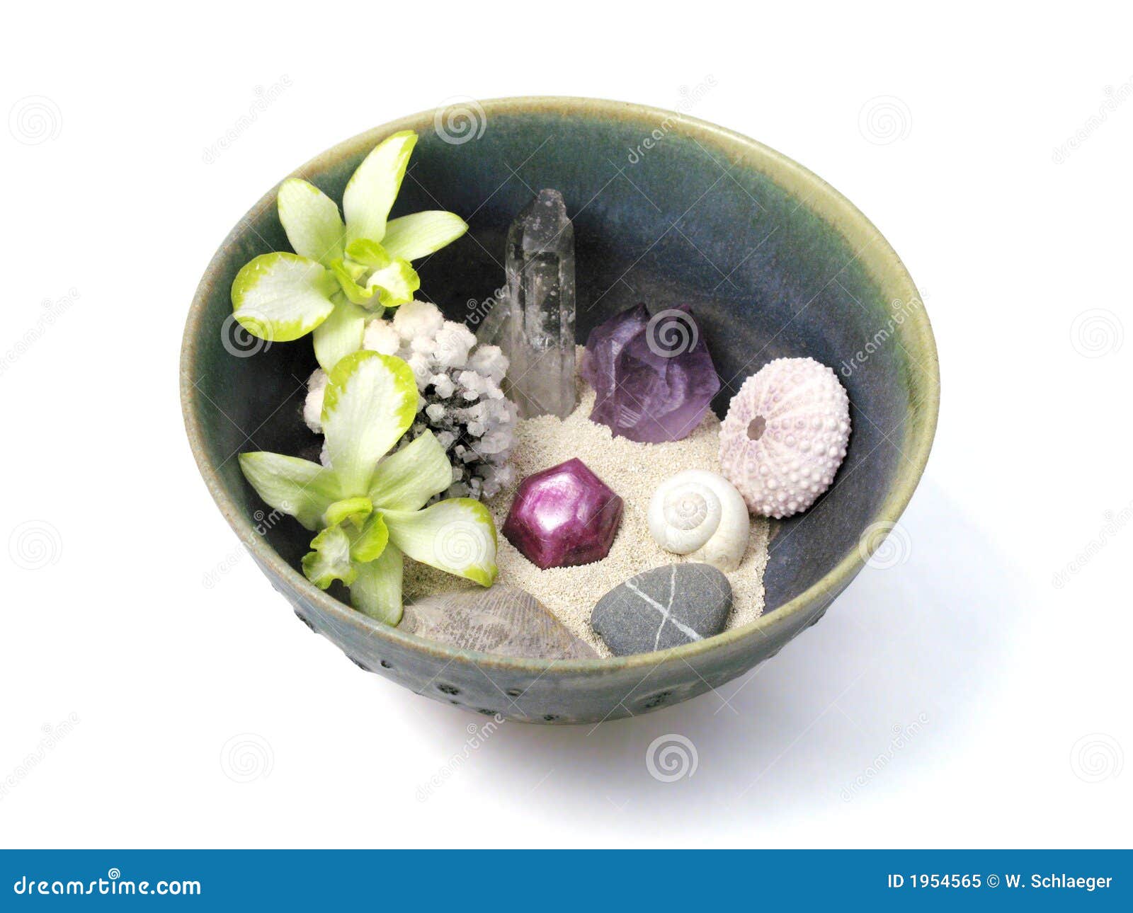 Orchids, Crystals, Shells, and Stones in Handmade Ceramic Bowl Stock