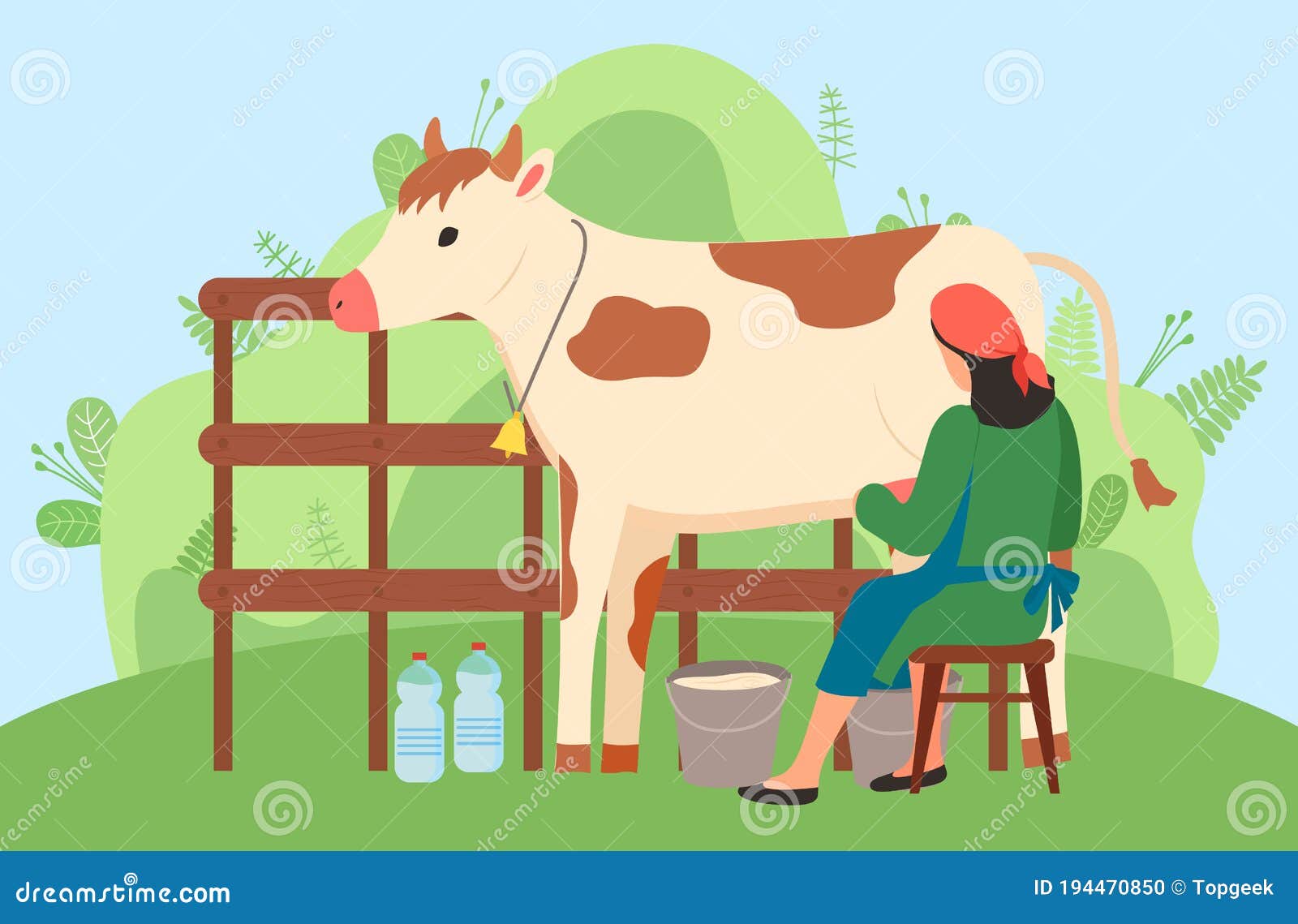 Ordeñadora Está Trabajando En El Campo Ordeñando Vacas En El Campo.  Agricultora Cerca De Vaca En El Paisaje Natural Ilustración del Vector -  Ilustración de aislado, ganados: 194470850