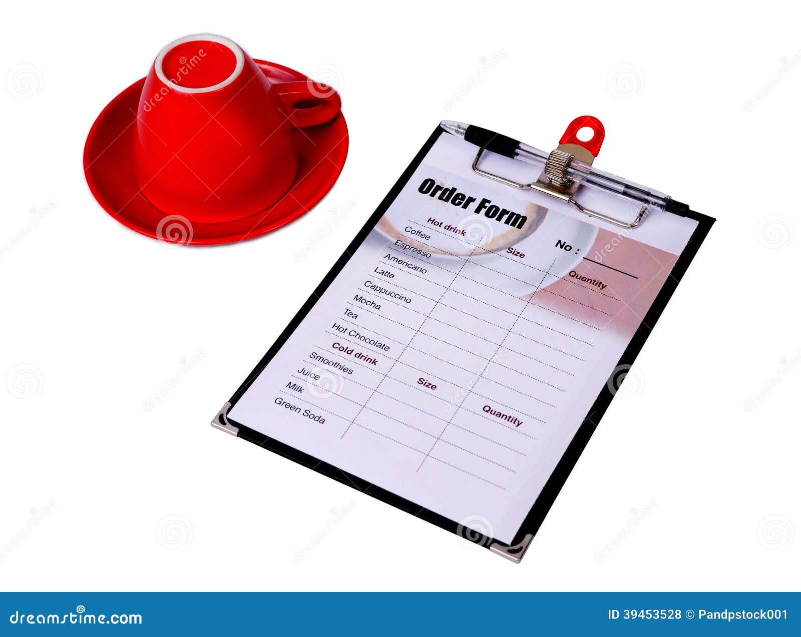 Order Form Clipboard with Red Cup of Coffee. Stock Photo Image of