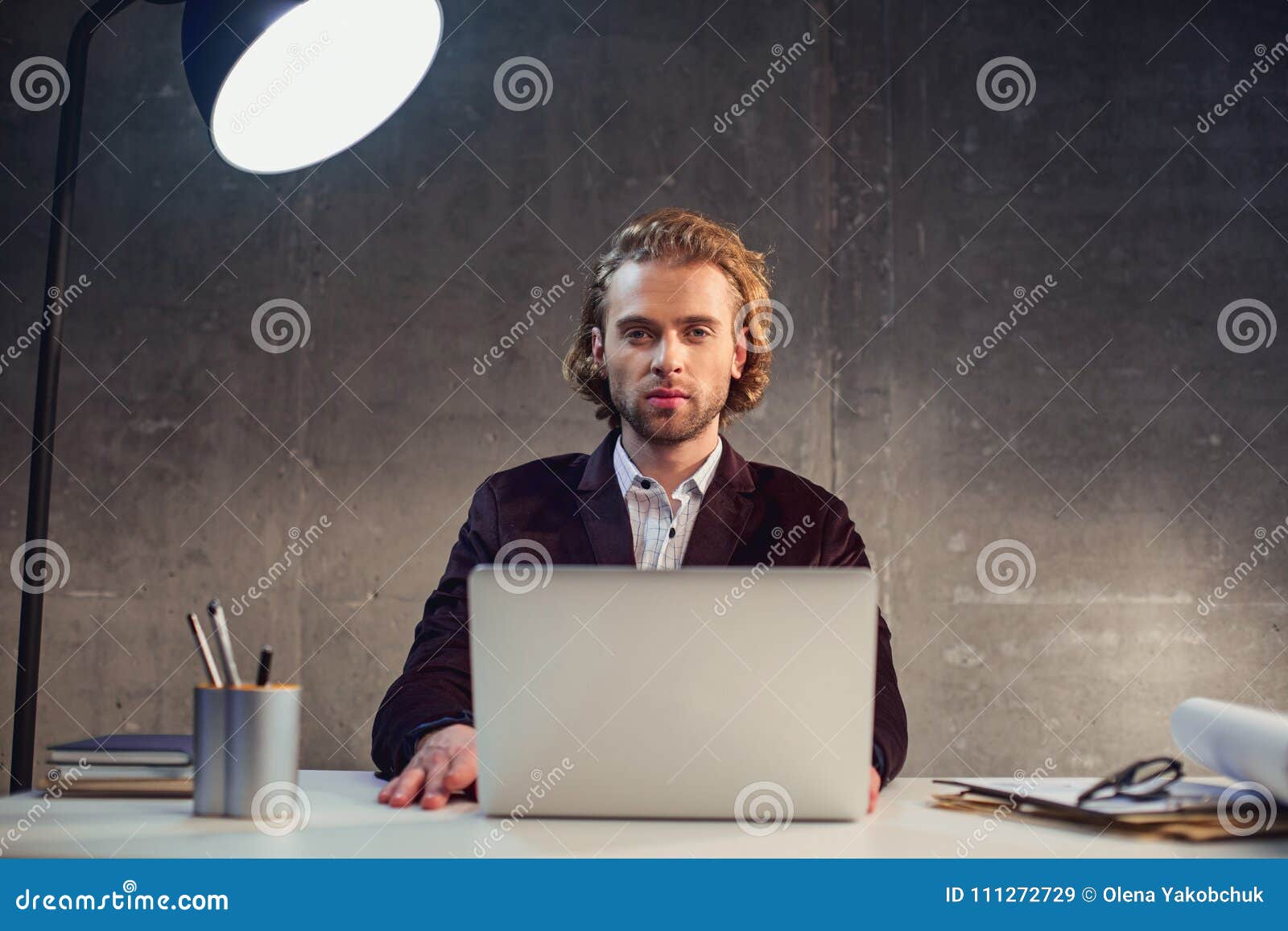 Orderly Man Using Laptop At Work Stock Image Image Of Formal