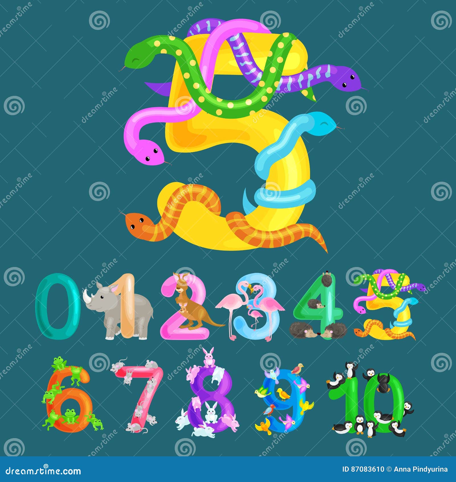 ordinal number five for teaching children counting snake with the ability to calculate amount 5 animals abc alphabet