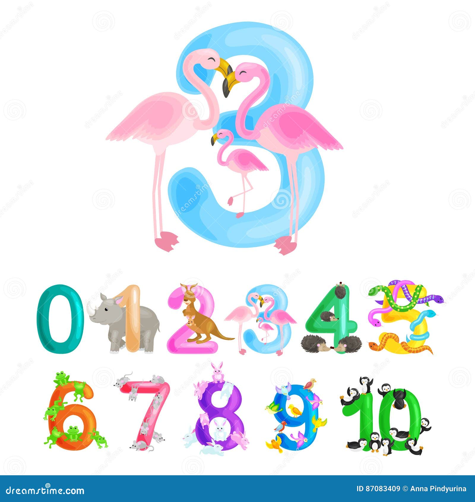 ordinal number 3 for teaching children counting three flamingos with the ability to calculate amount animals abc