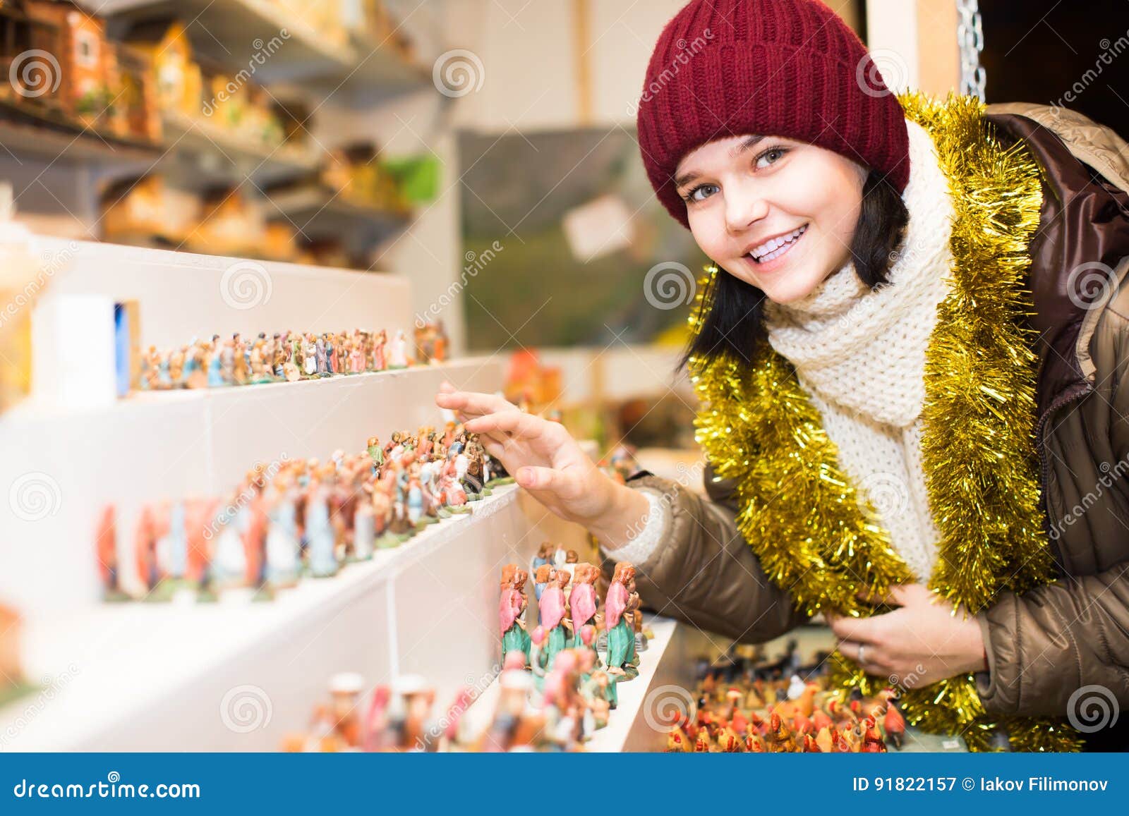 Ordinary Girl Buying Figures for Christmas Stock Image Image of