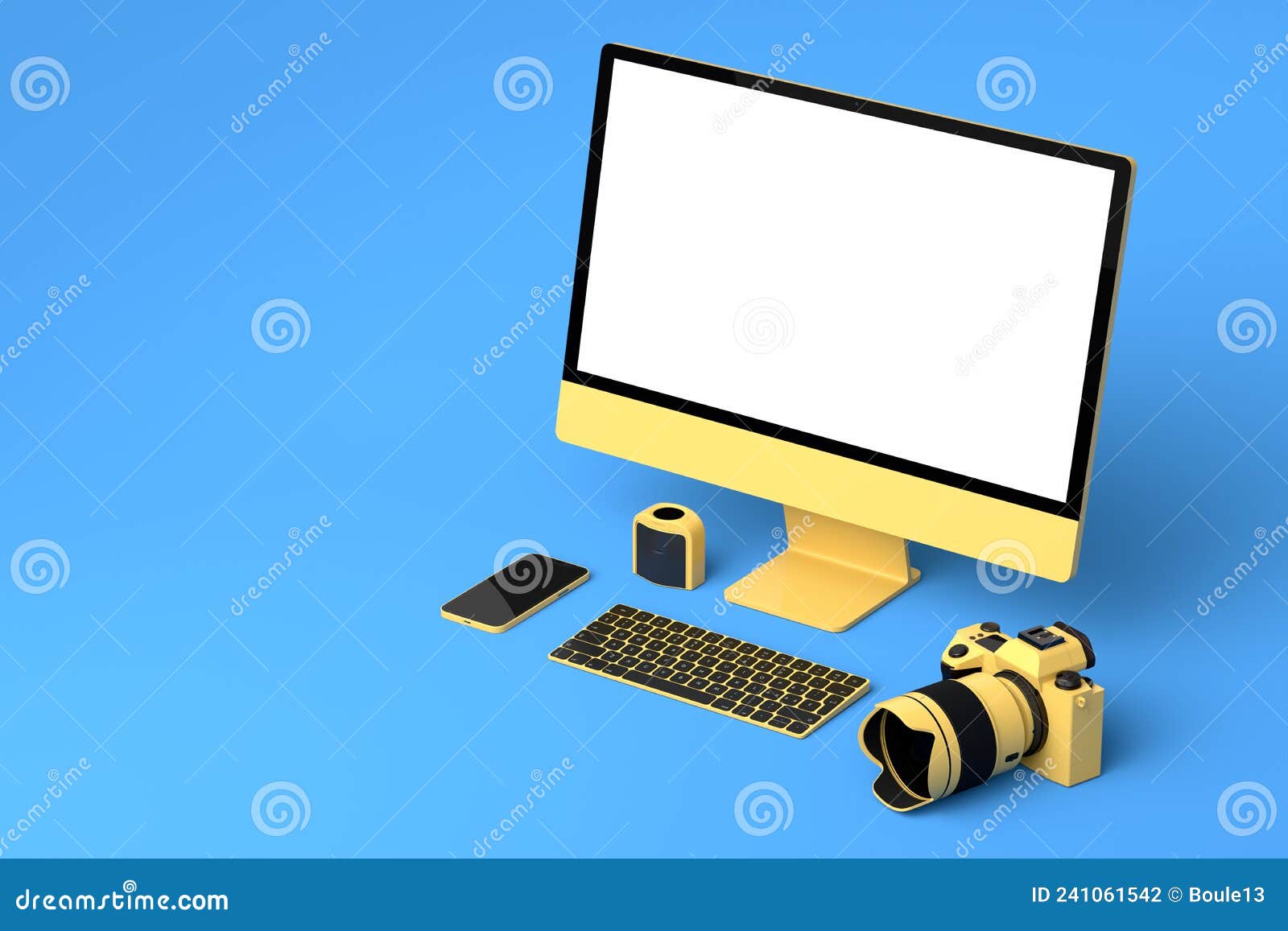 Ordinateur De Bureau Avec Clavier Souris Téléphone Et Dslr Caméra Sur Fond  Bleu. Illustration Stock - Illustration du dispositif, photo: 241061542