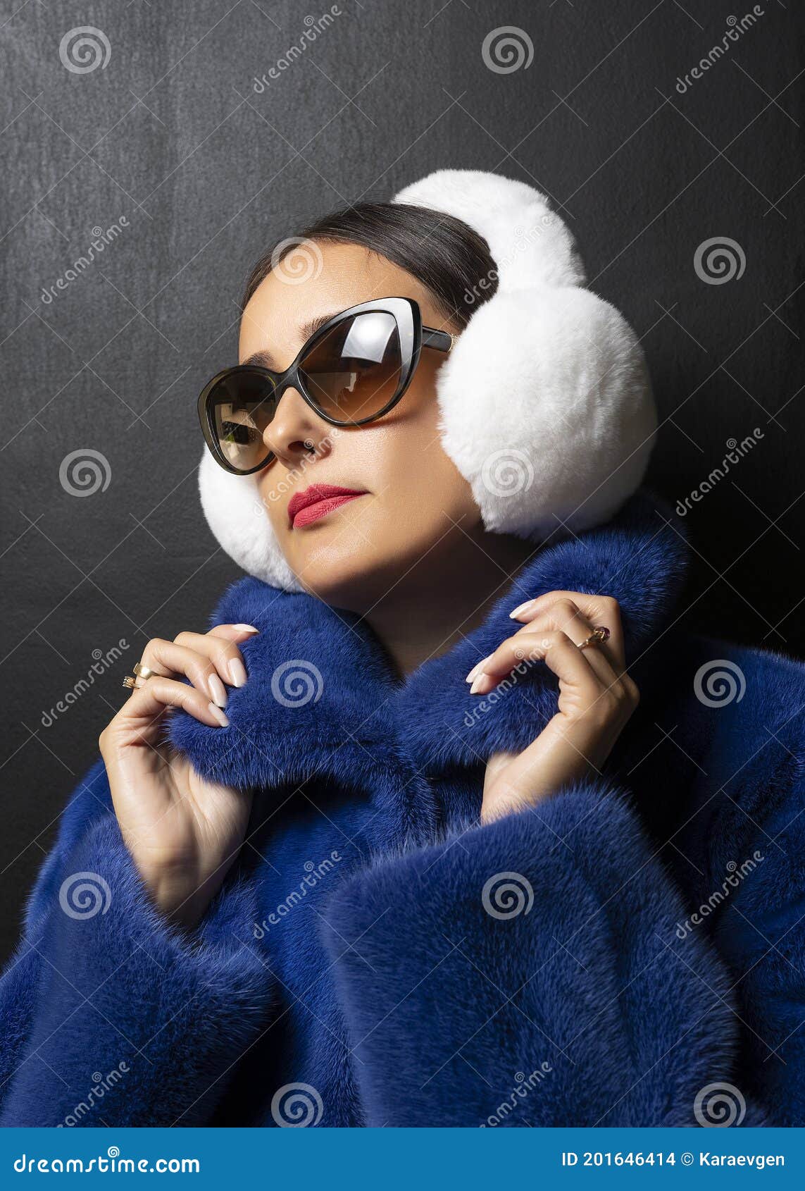 Orejeras Con Piel De Invierno En Mujer De Abrigo De Piel Azul. Concepto  Mínimo De La Moda Foto de archivo - Imagen de muchacha, acogedor: 201646414