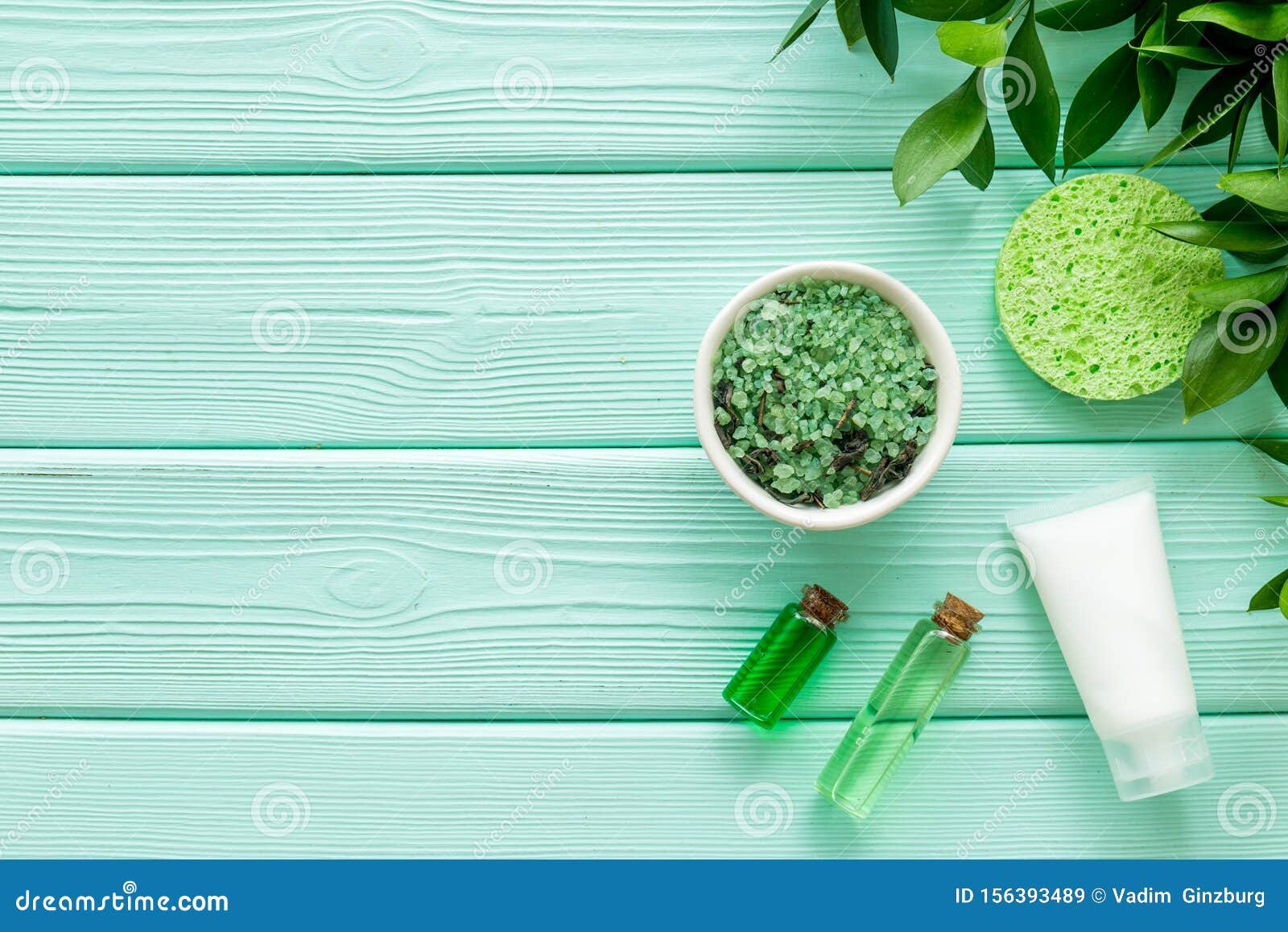 Organic Cosmetic with Herbs on Mint Green Wooden Background Top View Mock  Up Stock Image - Image of body, fresh: 156393489
