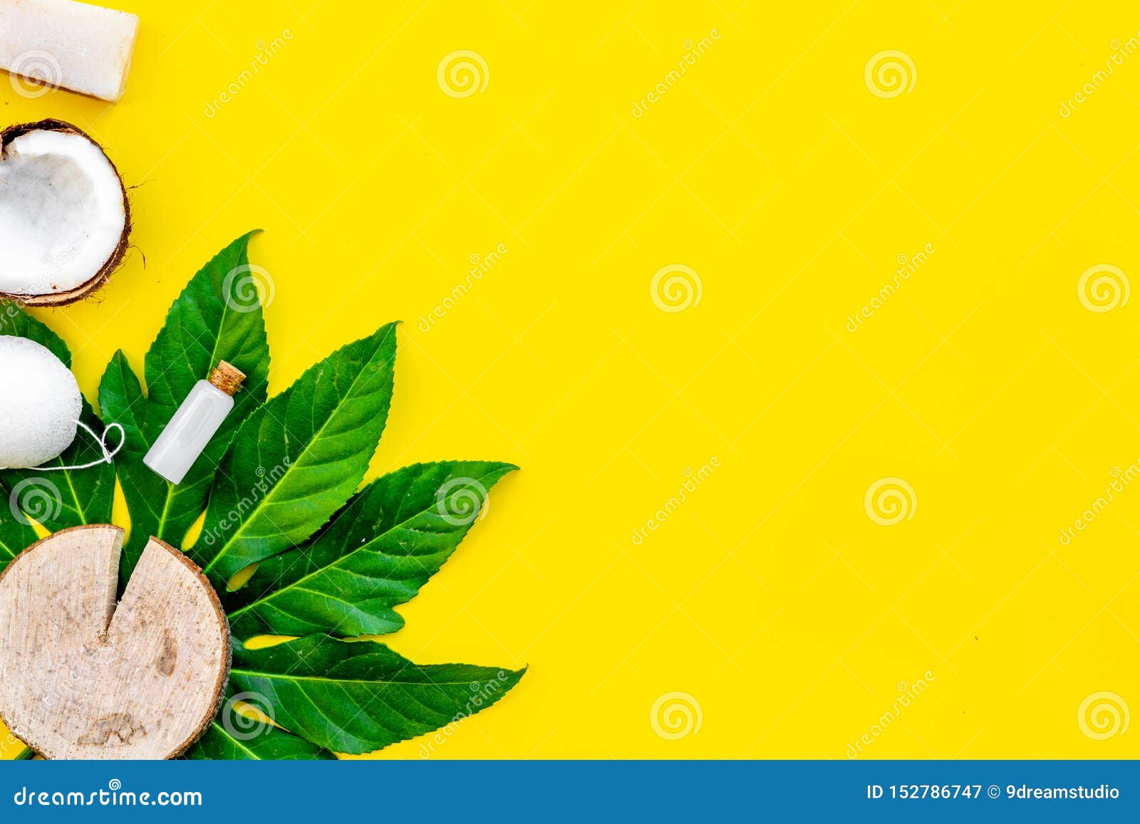 Download Organic Cosmetics With Coconut Oil On Yellow Background Top View Mockup Stock Image - Image of ...