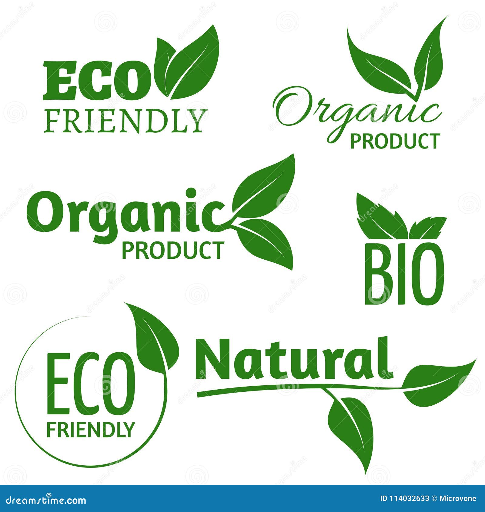 organic eco  logos with green leaves. bio friendly products labels with leaf