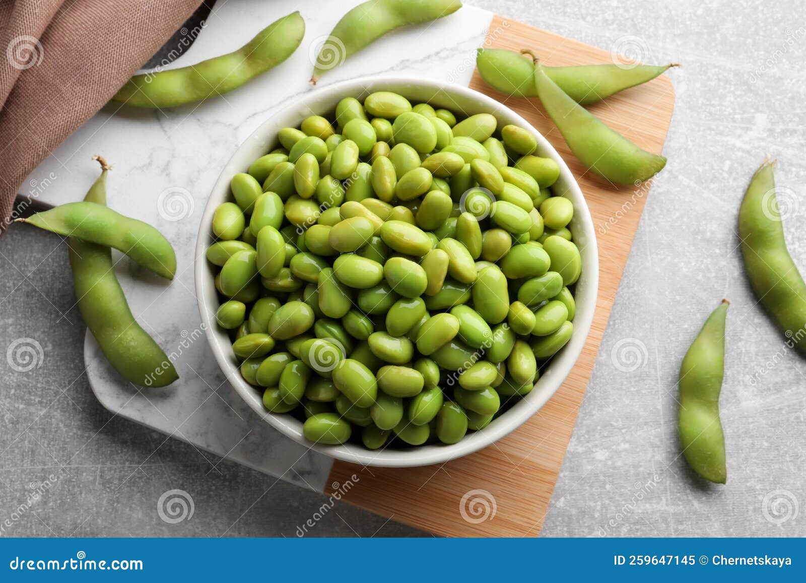 Organic Edamame Beans on Light Grey Table, Flat Lay Stock Image Image