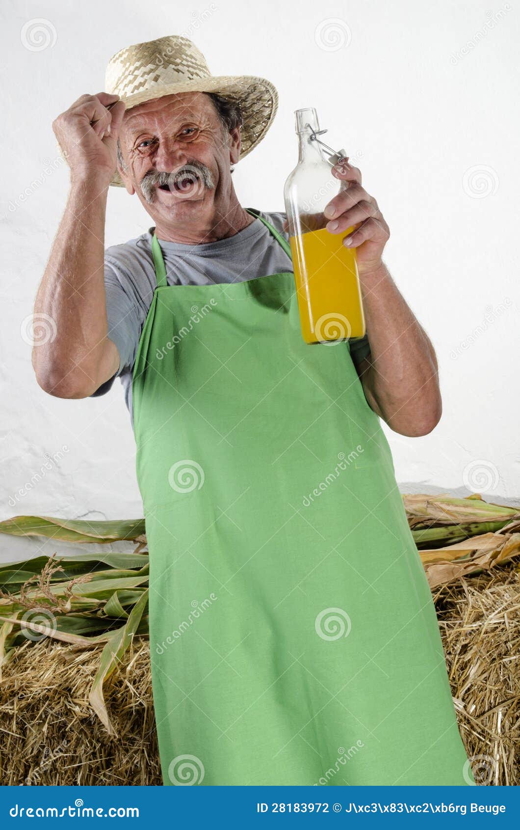 Organic Farmer is Holding a Bottle Orange Juice Stock Photo Image of