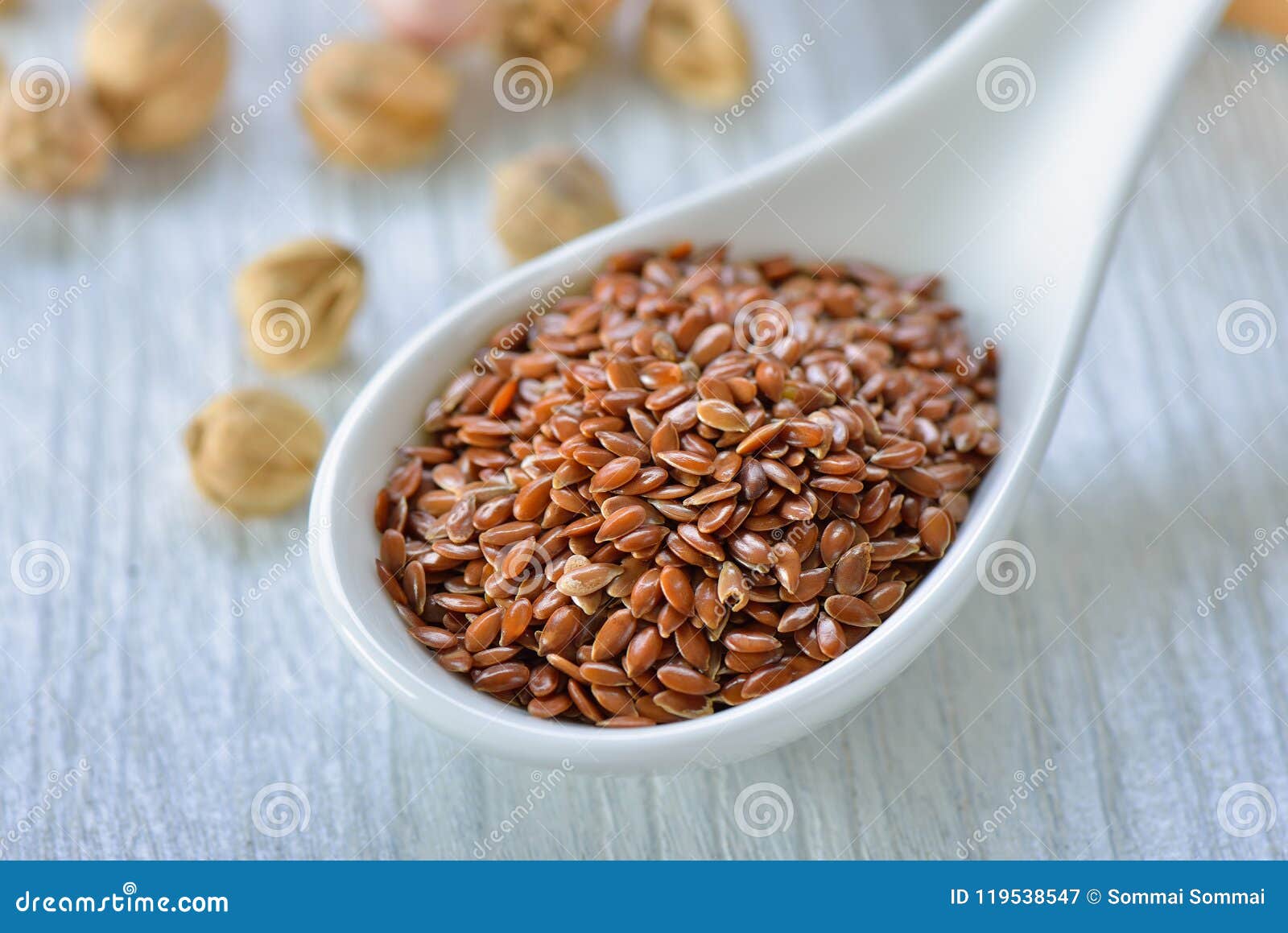 Organic Flax Seeds in Spoon on Table Stock Image Image of organic