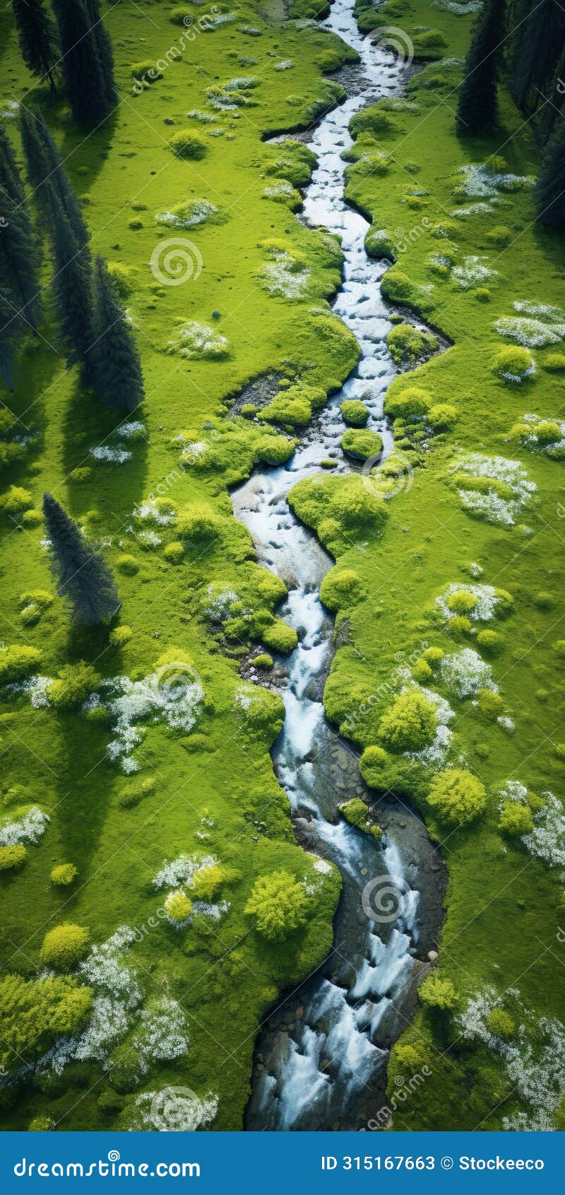 organic flow: aerial view of a river through a green meadow