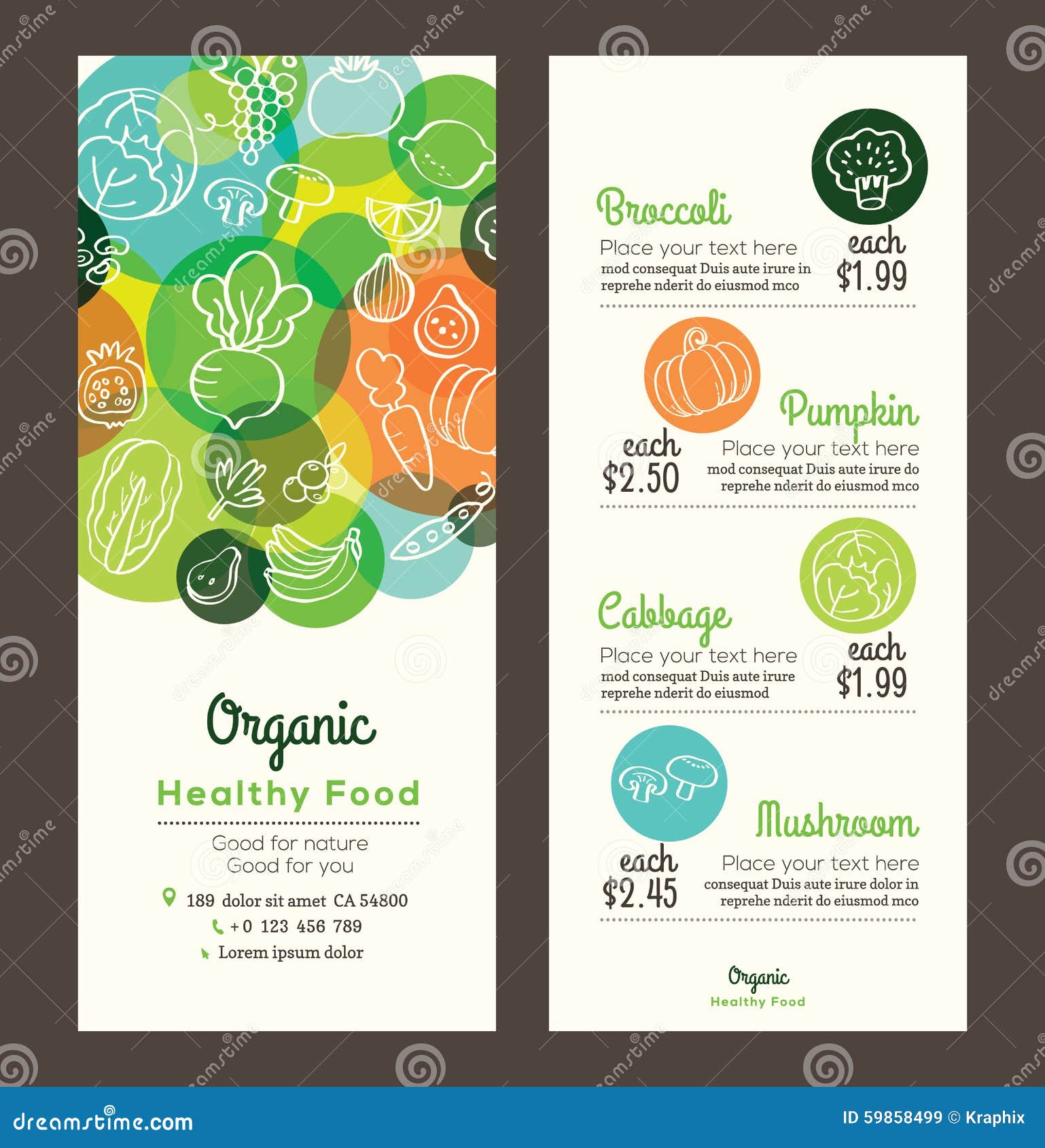 organic healthy food with fruits and vegetables menu flyer leaflet