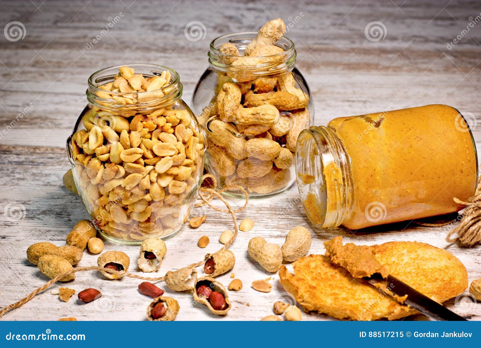 Organic Peanut, Peanuts in Shell in Jar and Peanut Butter Stock Image