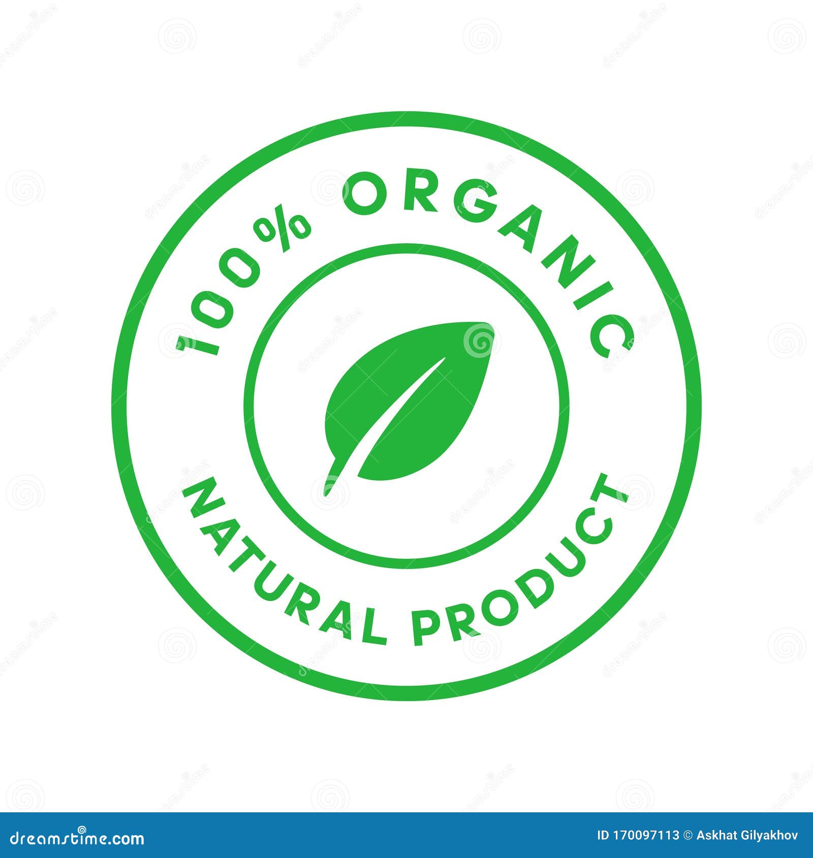 Organic 100 Percent Natural Product Green Circle Sticker with Leaf in ...