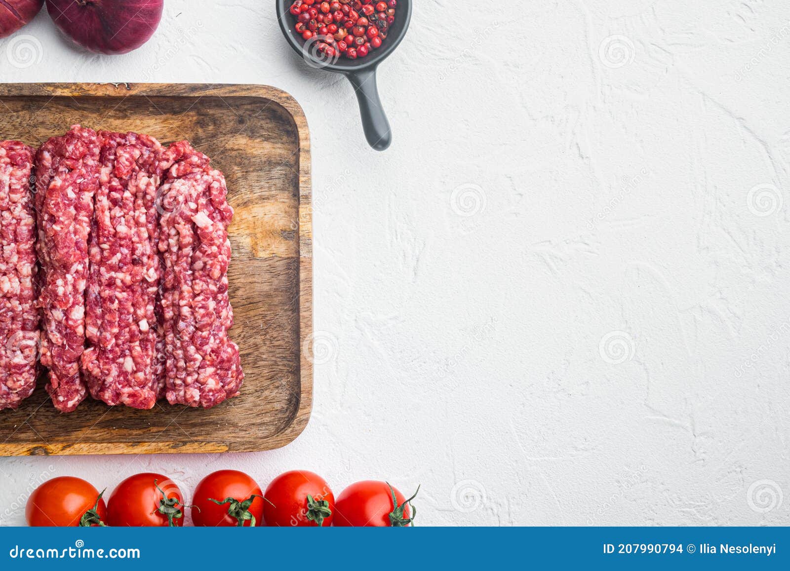 Organic Raw Grass Fed Ground Beef, on White Background, Top View Flat