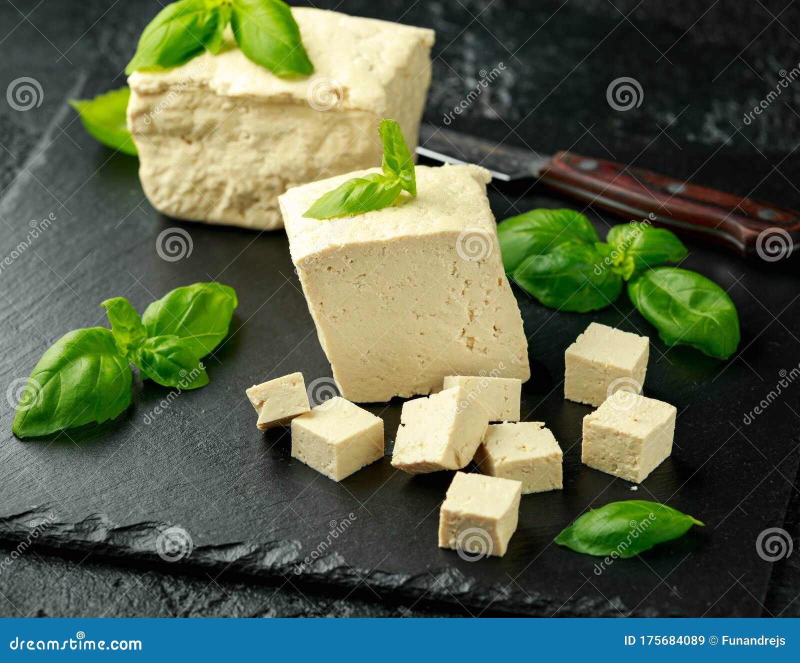 Organic Soy Tofu with Basil on Dark Rustic Stone Board Stock Image Image of cuisine, cube