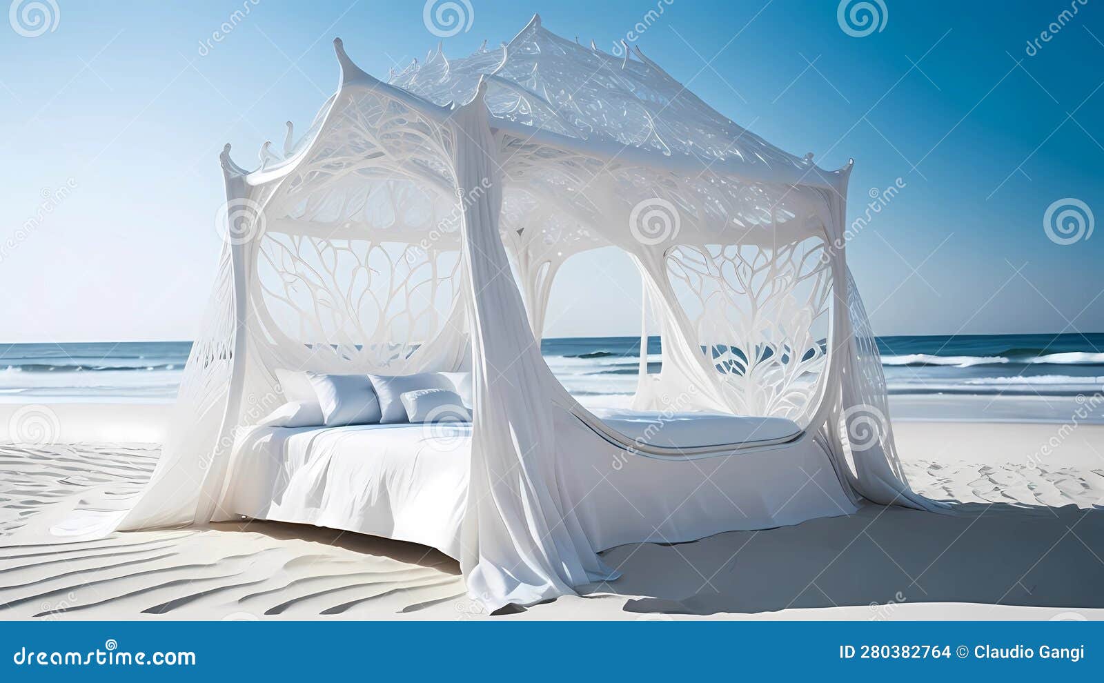 Organic White Canopy Bed on the Beach Stock Illustration Illustration
