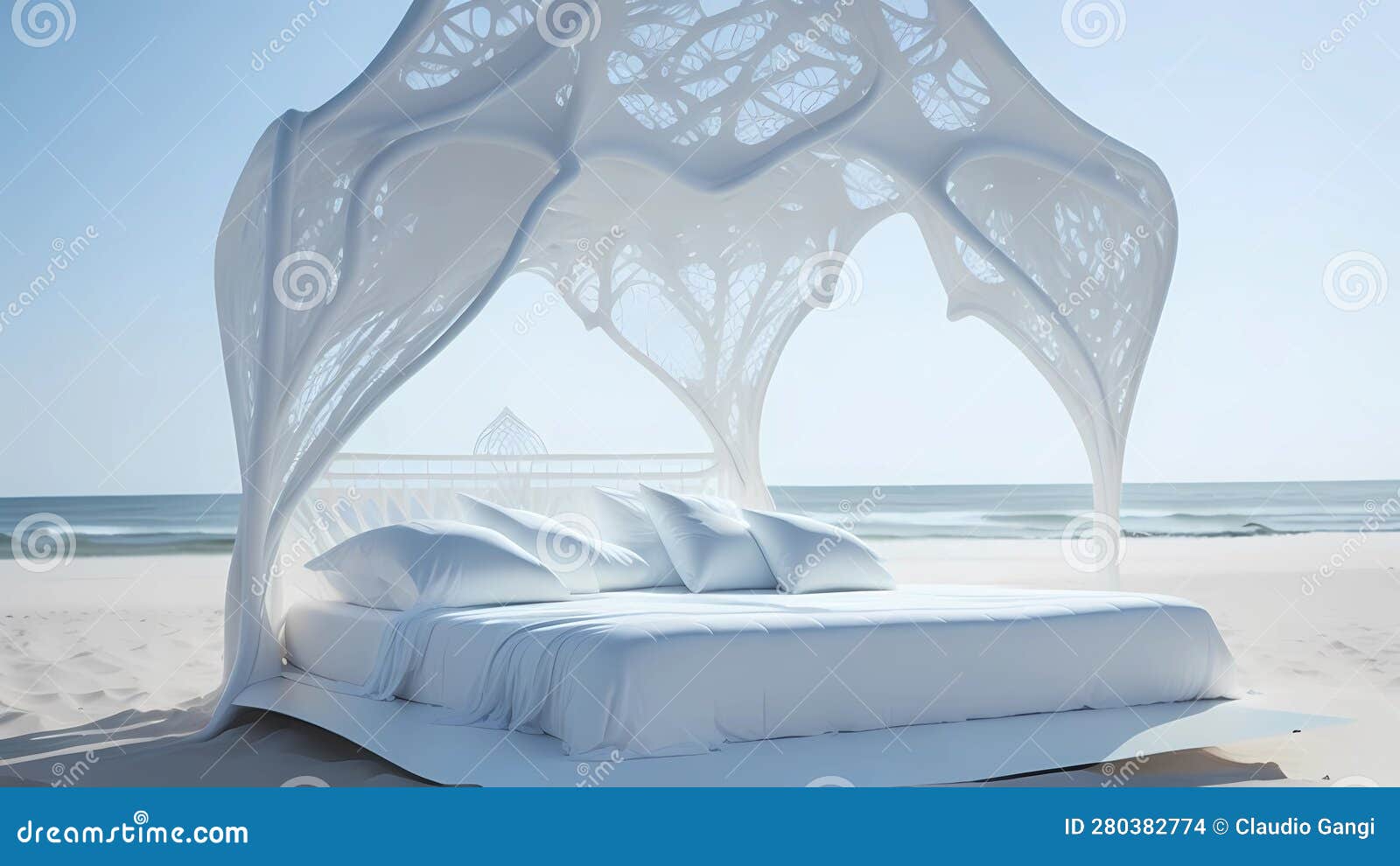 Organic White Canopy Bed on the Beach Stock Illustration Illustration