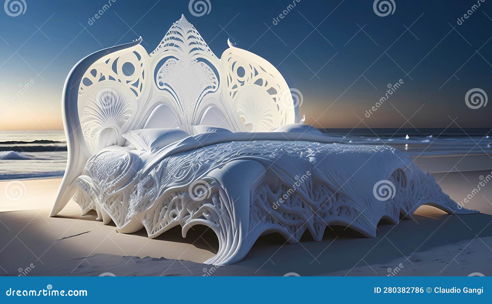 Organic White Canopy Bed on the Beach Stock Illustration Illustration