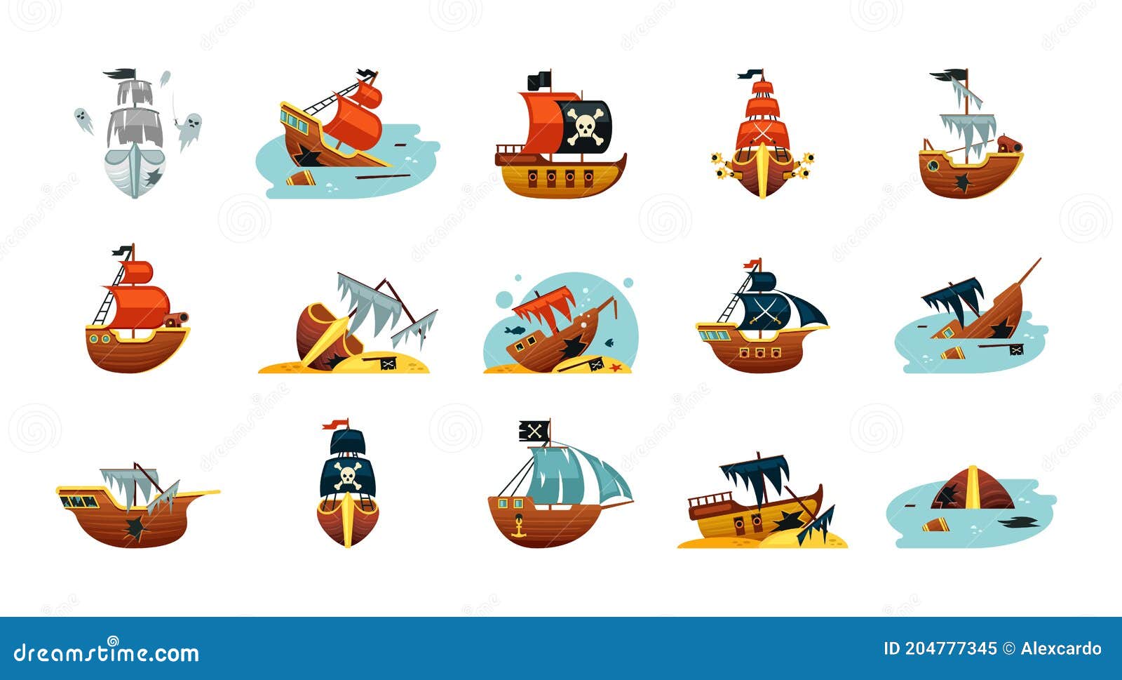 Conjunto de piratas com navio e ouro