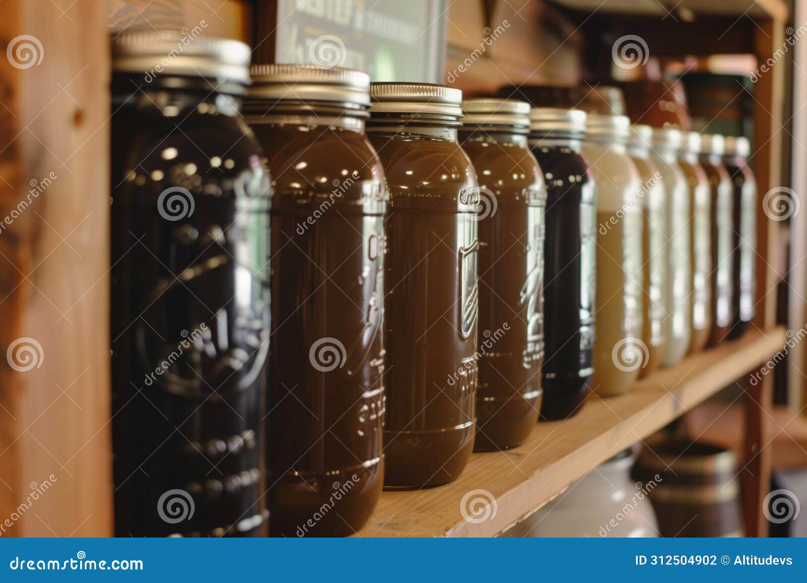 organized shelf of coffee jars in a caf