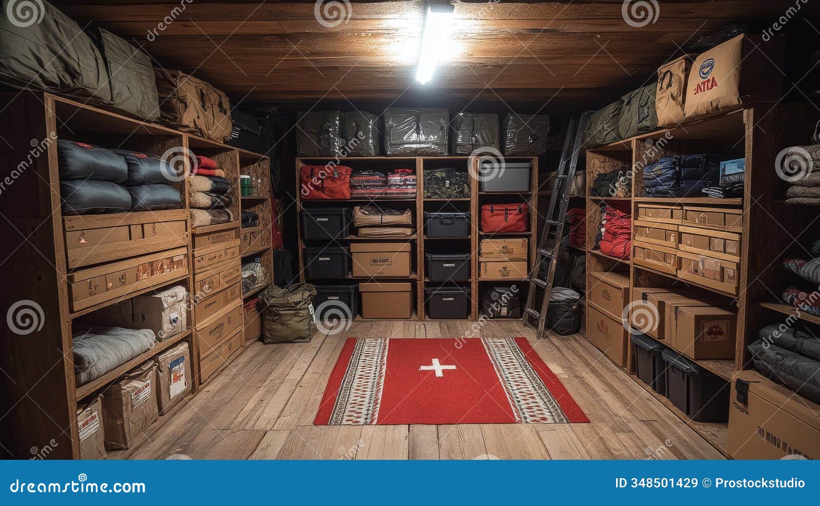 organized storage room showcasing neatly stacked boxes, shelves of blankets, and a red rug with a white cross 