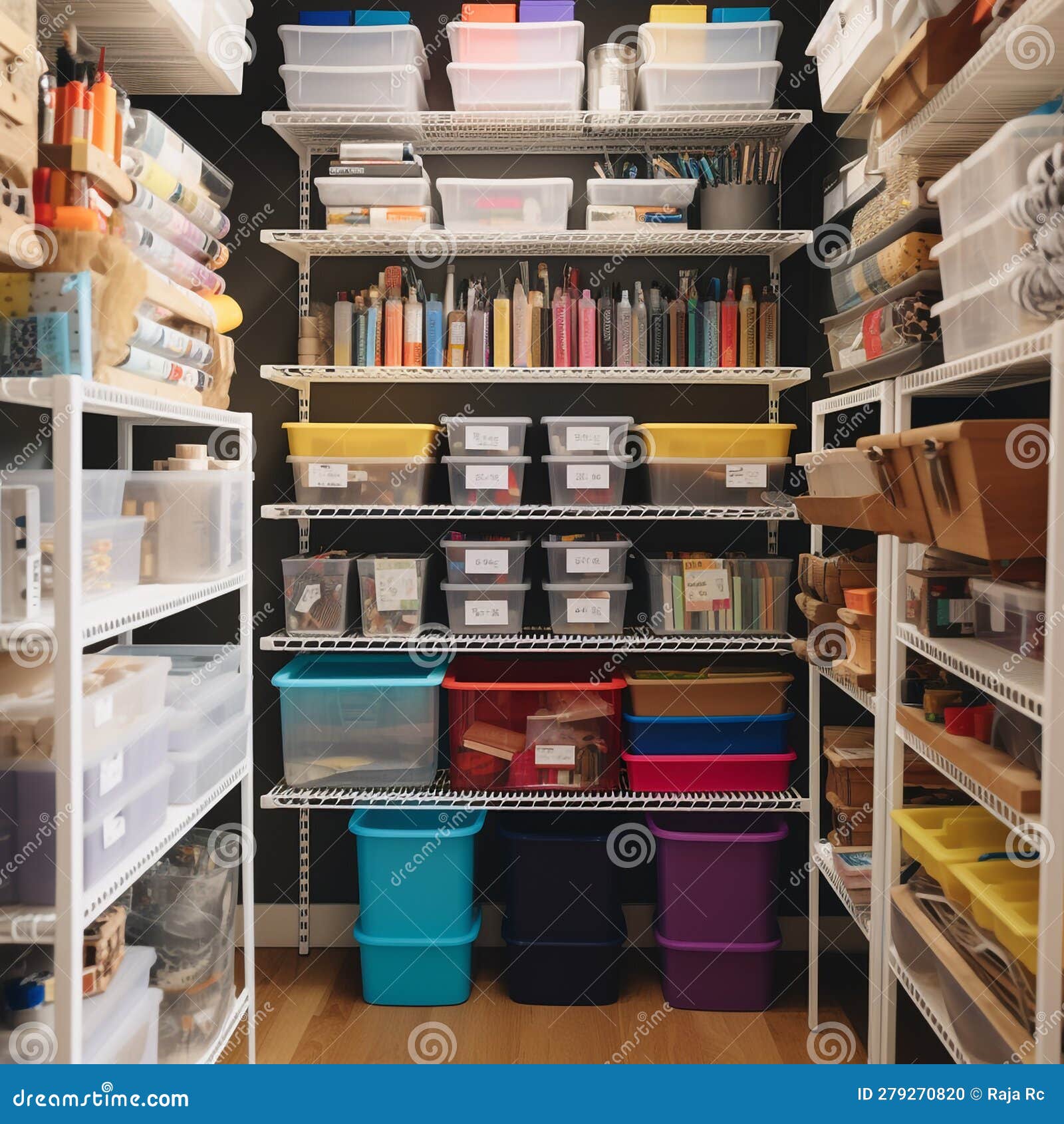 Organized Supply Closet, With Boxes And Containers Stock Photo