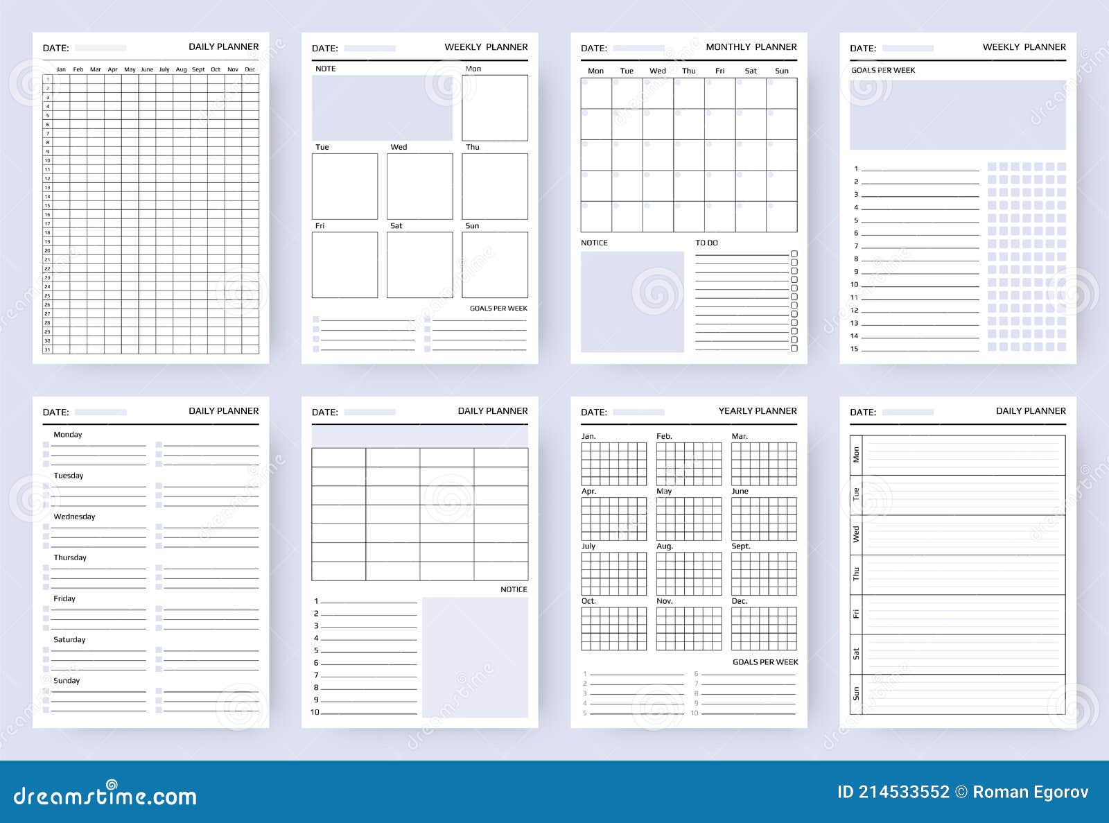 organizer. planner blank pages, business diary and daily to do list. paper sheets for writing goals for week and month