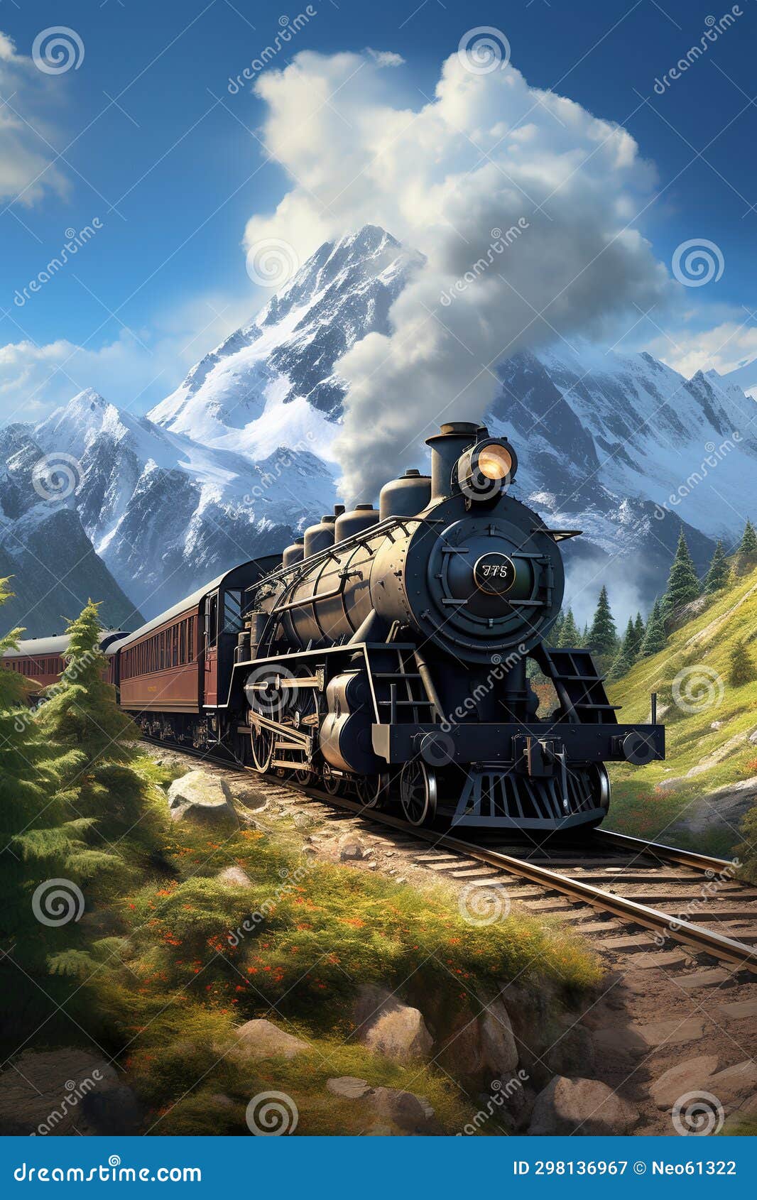 The Orient Express Train Moving at Speed with Mountains Generative AI