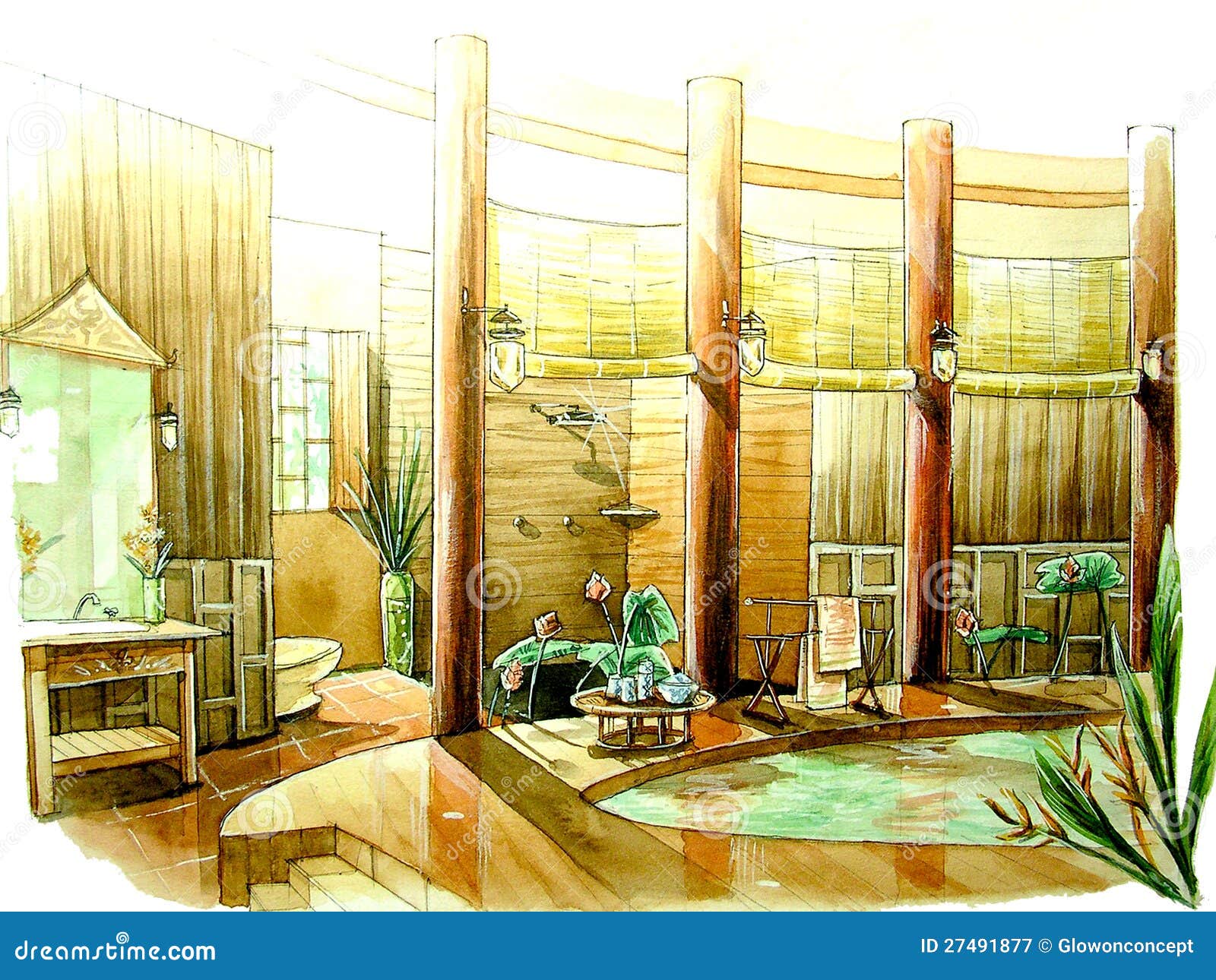 Oriental, Asian Classic Style Bathroom Stock Illustration