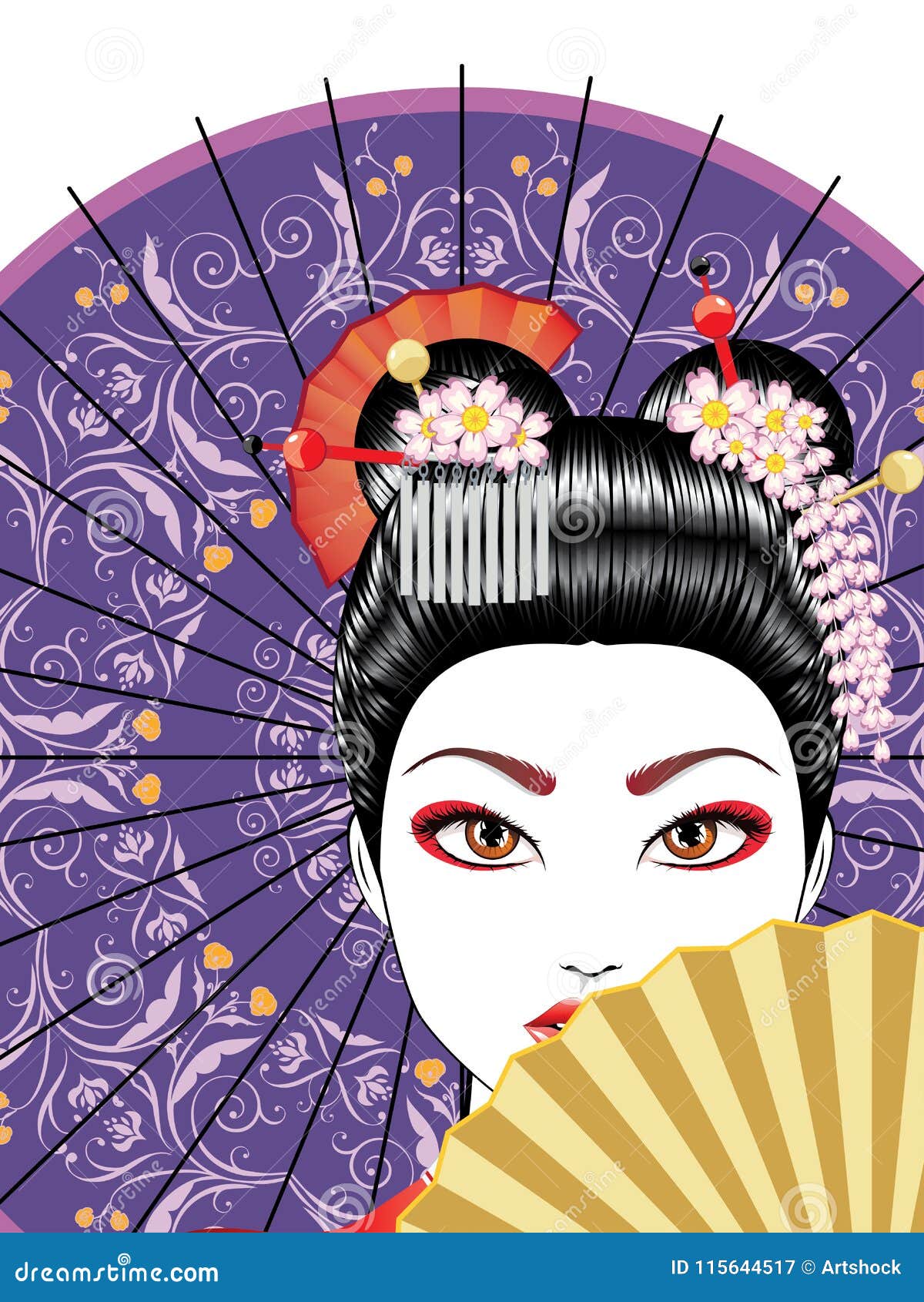 Geisha with Fan stock vector. Illustration of kimono - 115644517