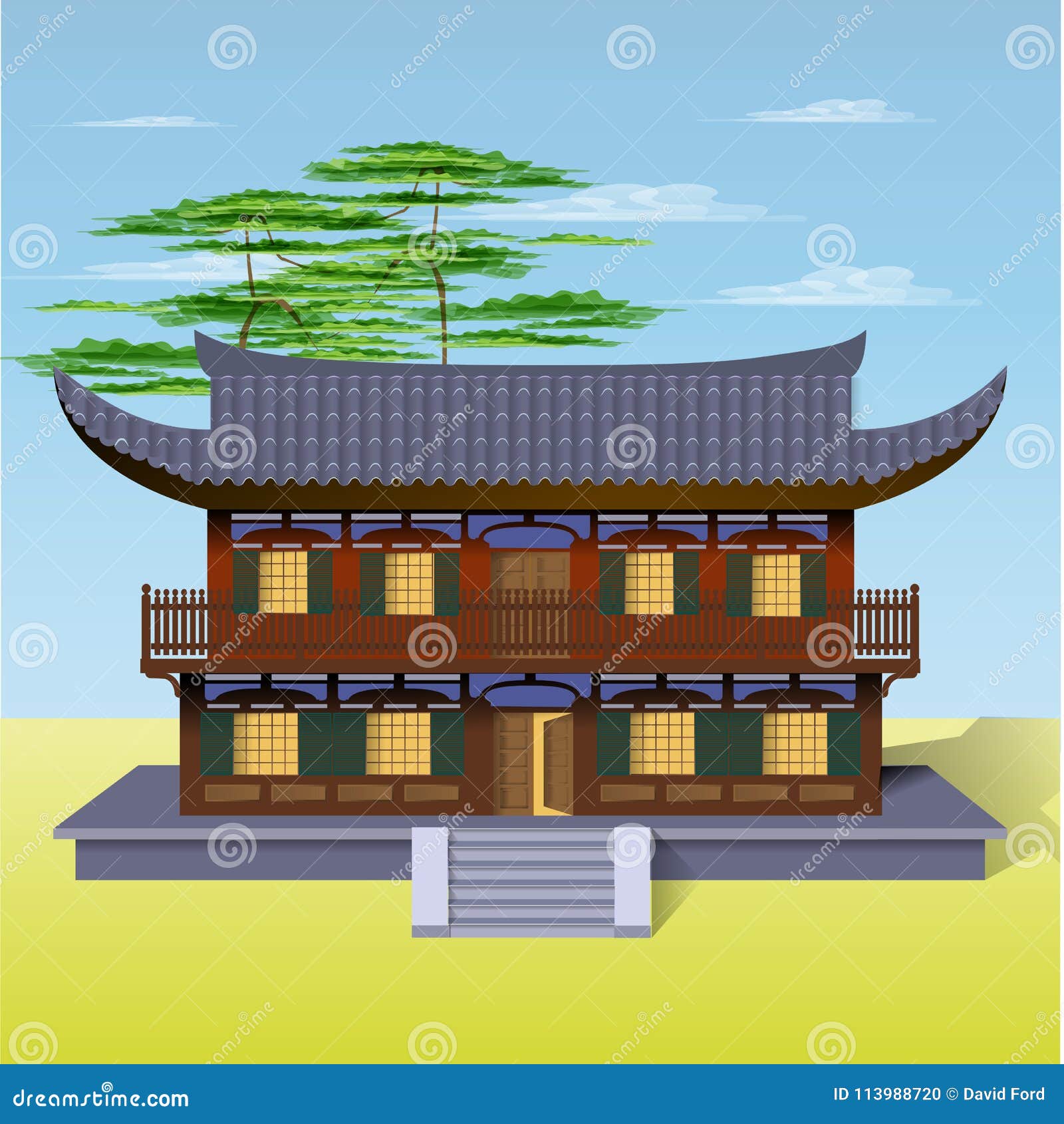 Oriental House with Welcoming Open Door Stock Vector - Illustration of