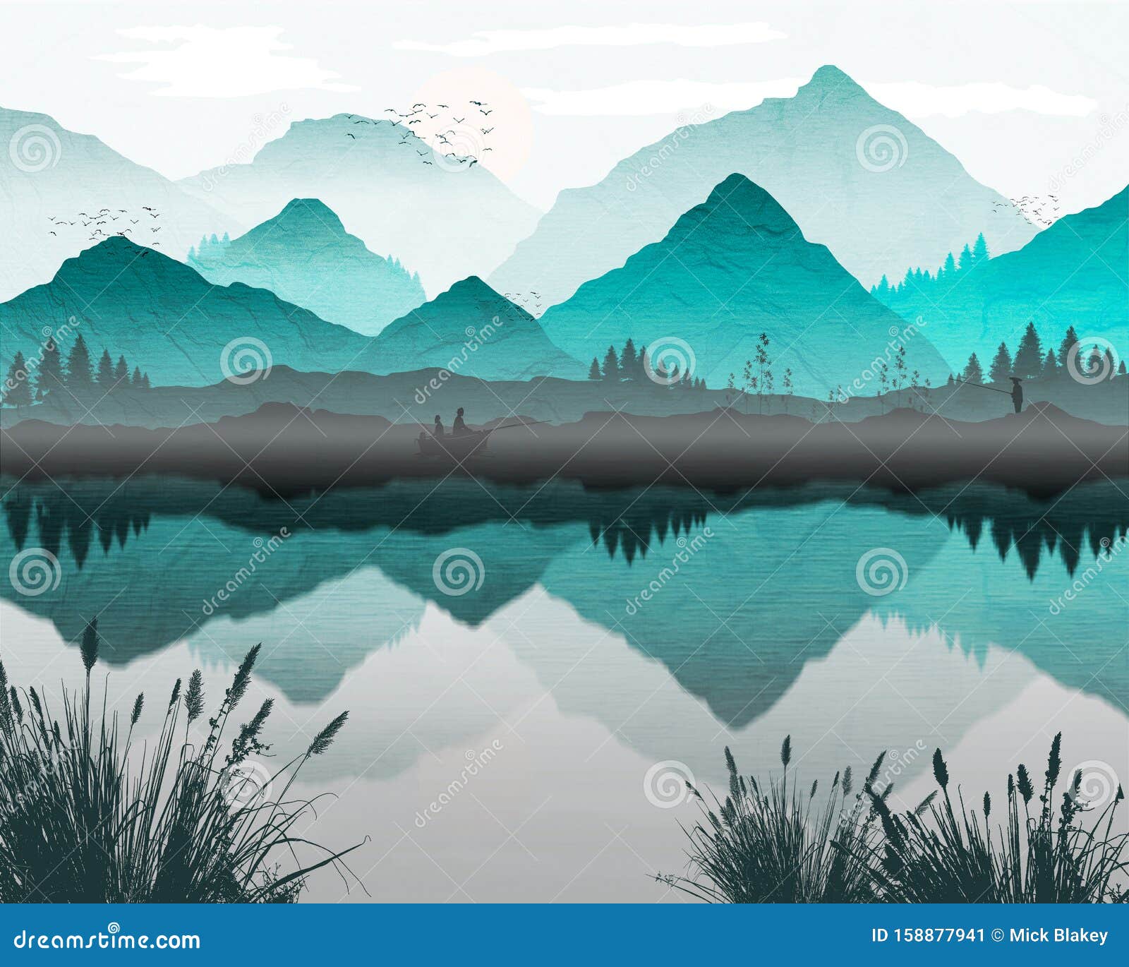 oriental japanese landscape, with fishing boat and lone fisherman on banks of lake. reflection of mountains and trees in water,