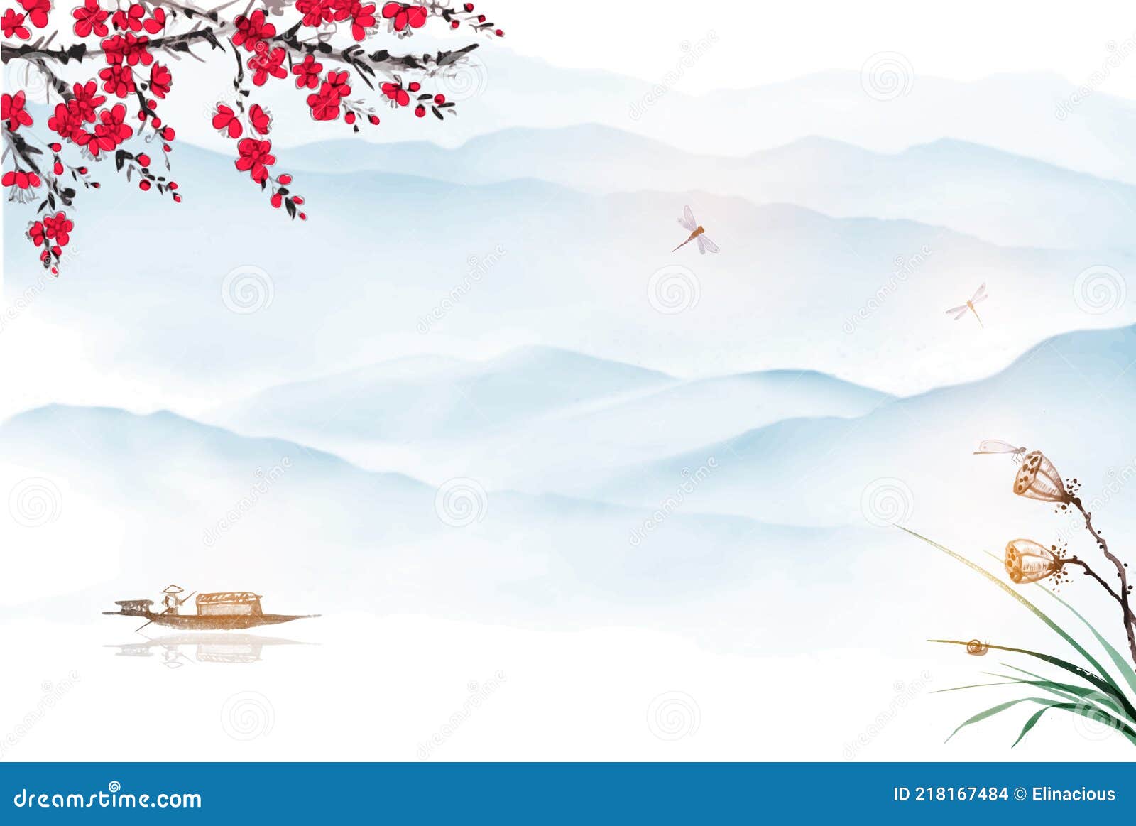 Oriental Landscape with Fishing Boat, Lotus, Sakura Blossom and Distant  Blue Mountains. Traditional Oriental Ink Stock Vector - Illustration of  boat, landscape: 218167484