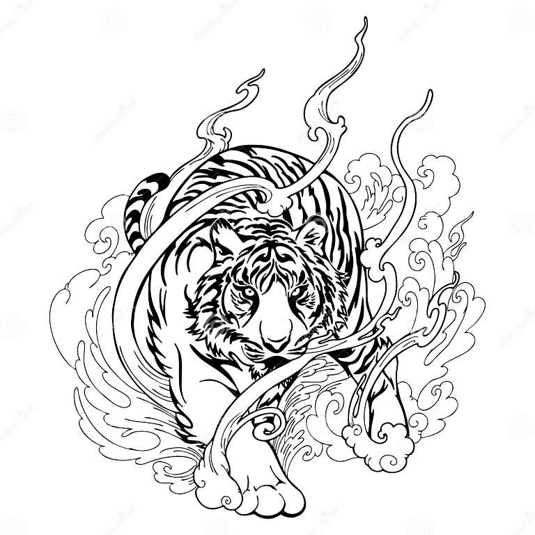 Oriental Tiger Walking Tattoo Decorate with Cloud Black and White ...