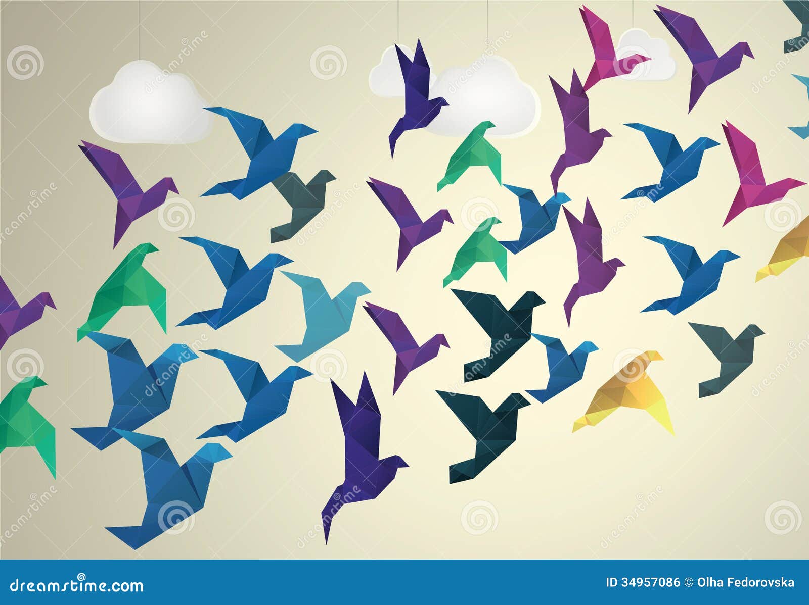 Origami Birds Flying And Fake Clouds Stock Vector