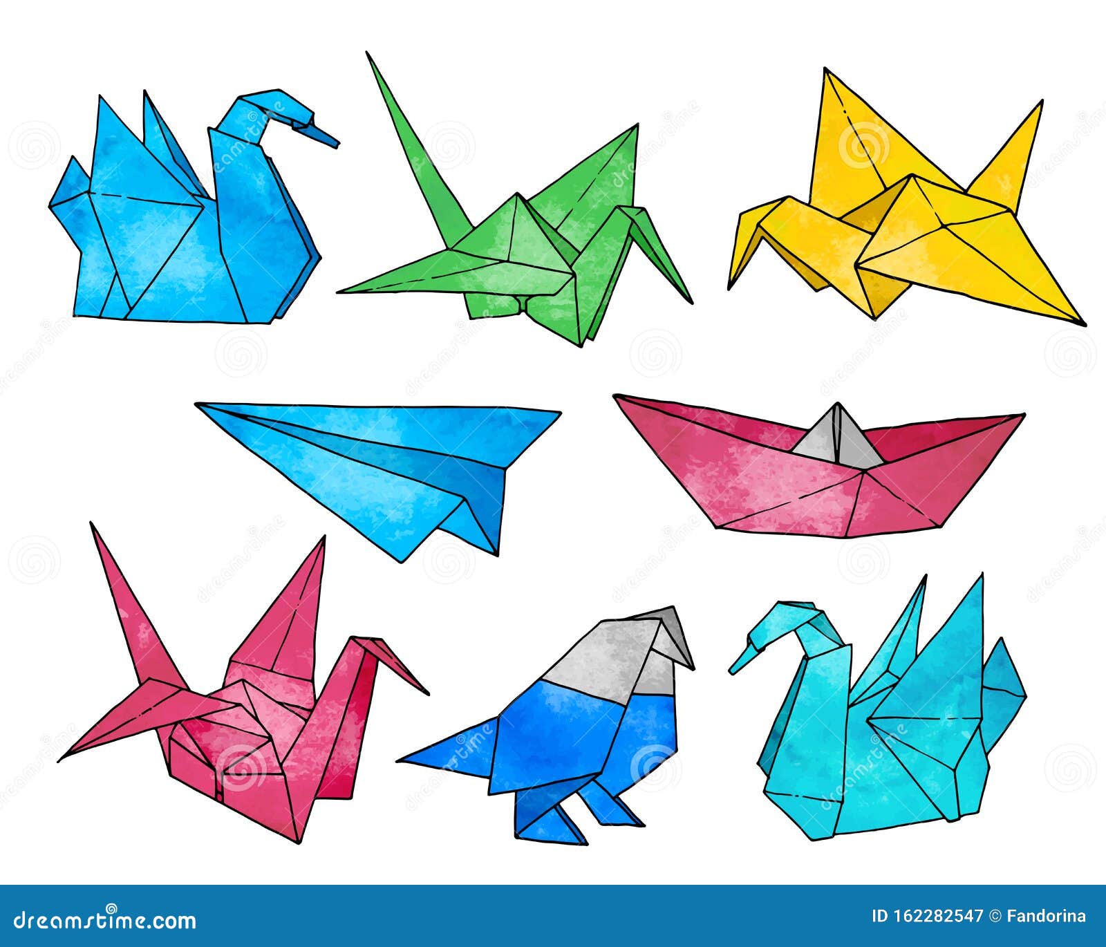 Origami Hand Drawn Vector Set, Watercolor Style Stock Vector - Illustration of collection ...