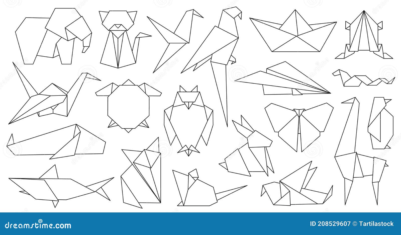 origami line animals. paper geometric graphic logo and icon bird, fox, crane, mouse, shark and elephant. outline