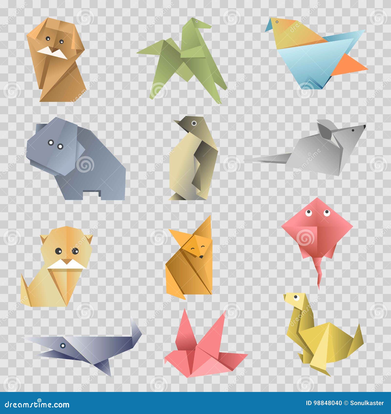 Origami Tapeziert Karikaturtiere Vögel Und Fische Vector